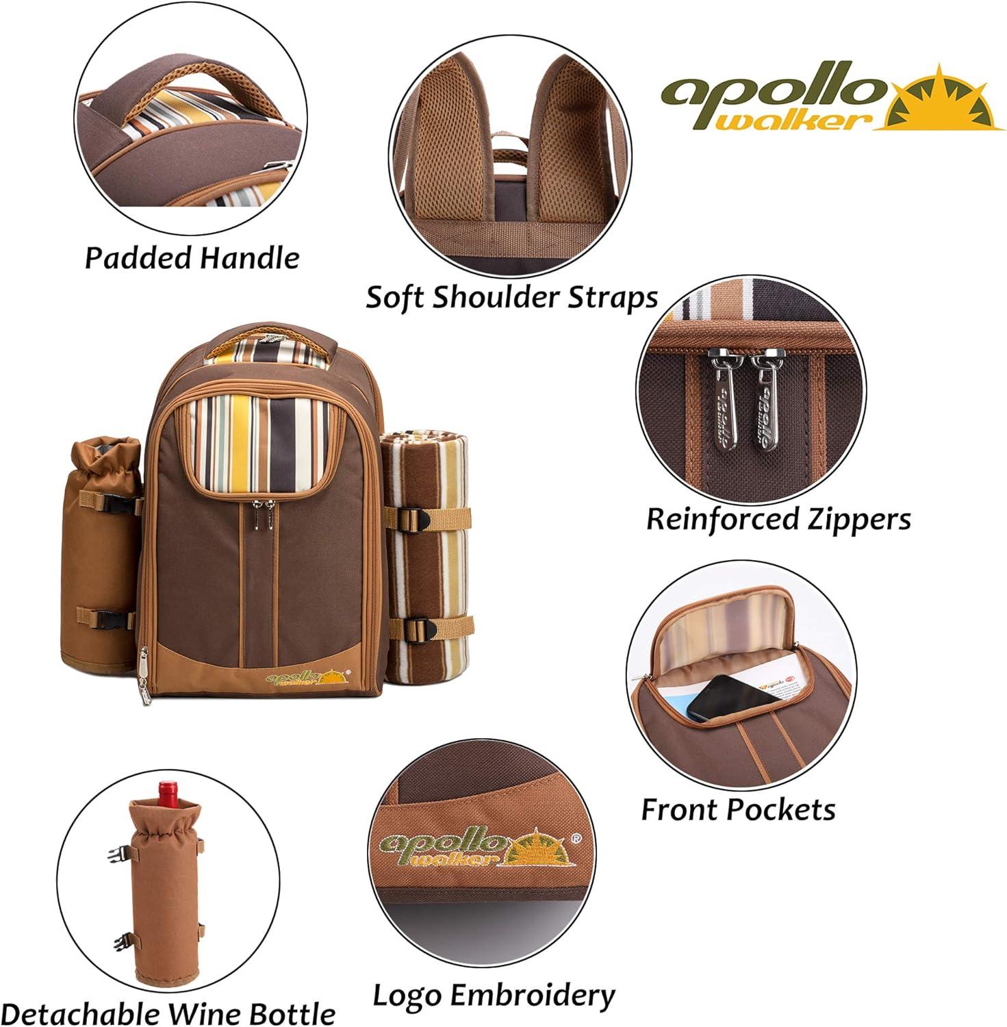 Brown Picnic Backpack for 2 with Cooler and Blanket