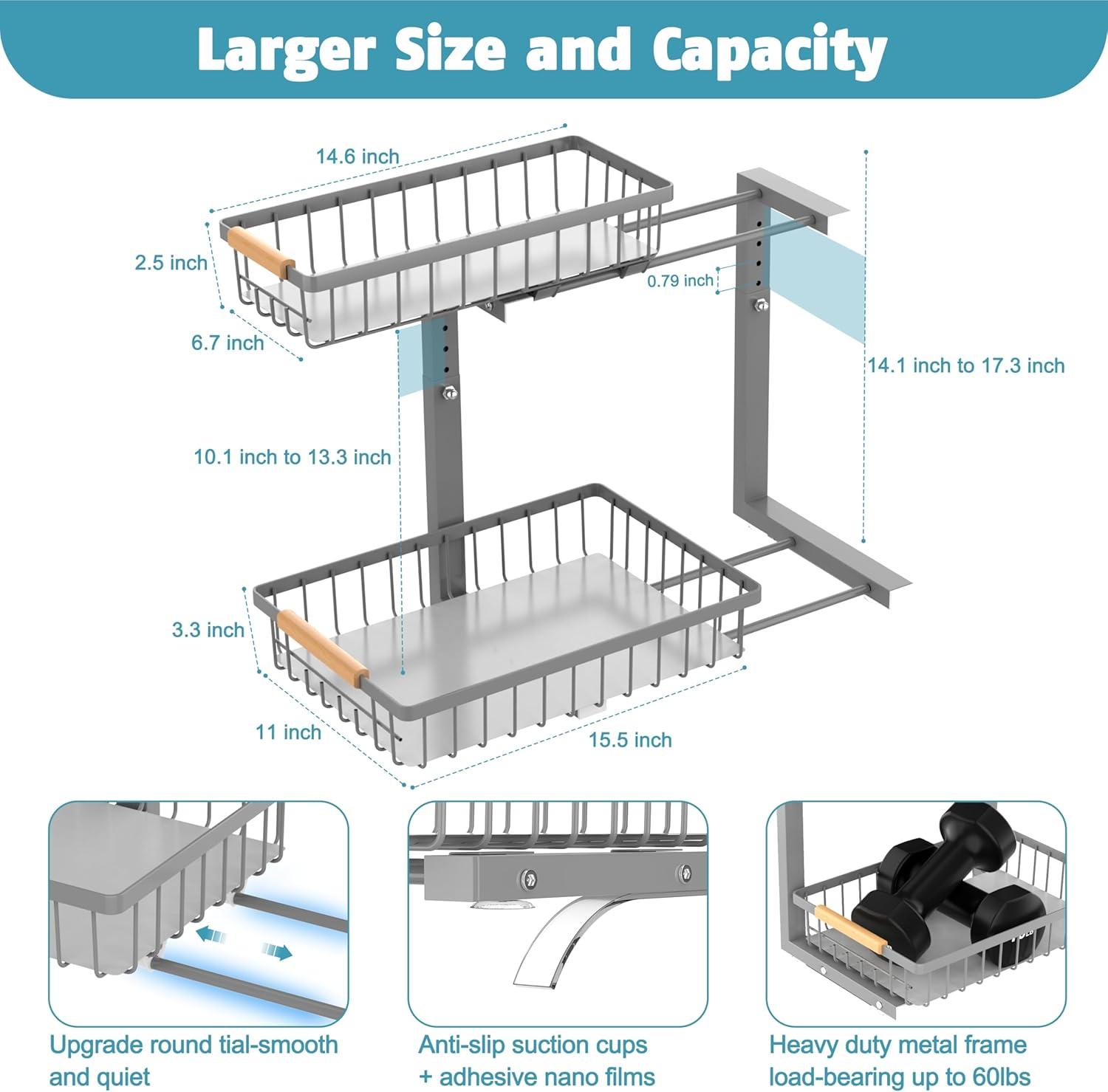 Under Sink Organizer 2 Pack, 2 Tier Slide Out Under Sink Organizer and Storage Shelf, Height Adjustable Pull Out Cabinet Drawer for Kitchen Bathroom, Metal Under Sink Storage Rack, Gray