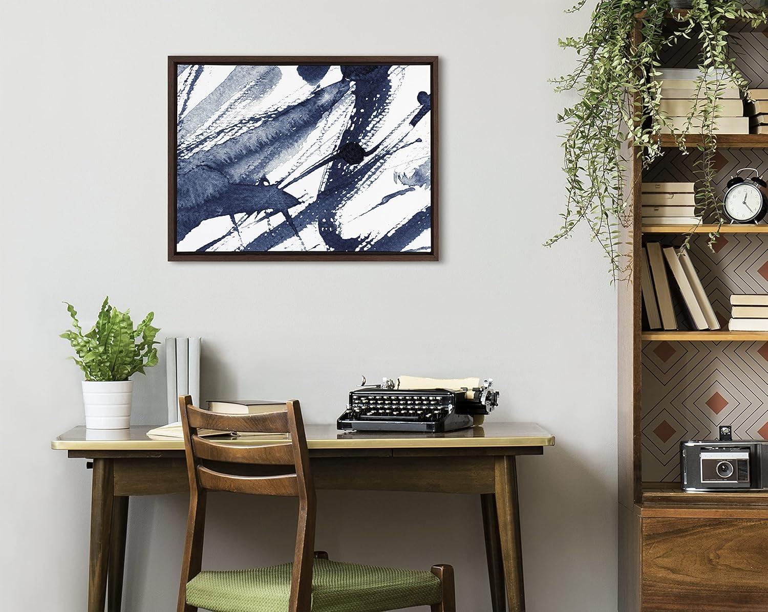 Indigo Watercolor Abstract Canvas Print with Brown Frame