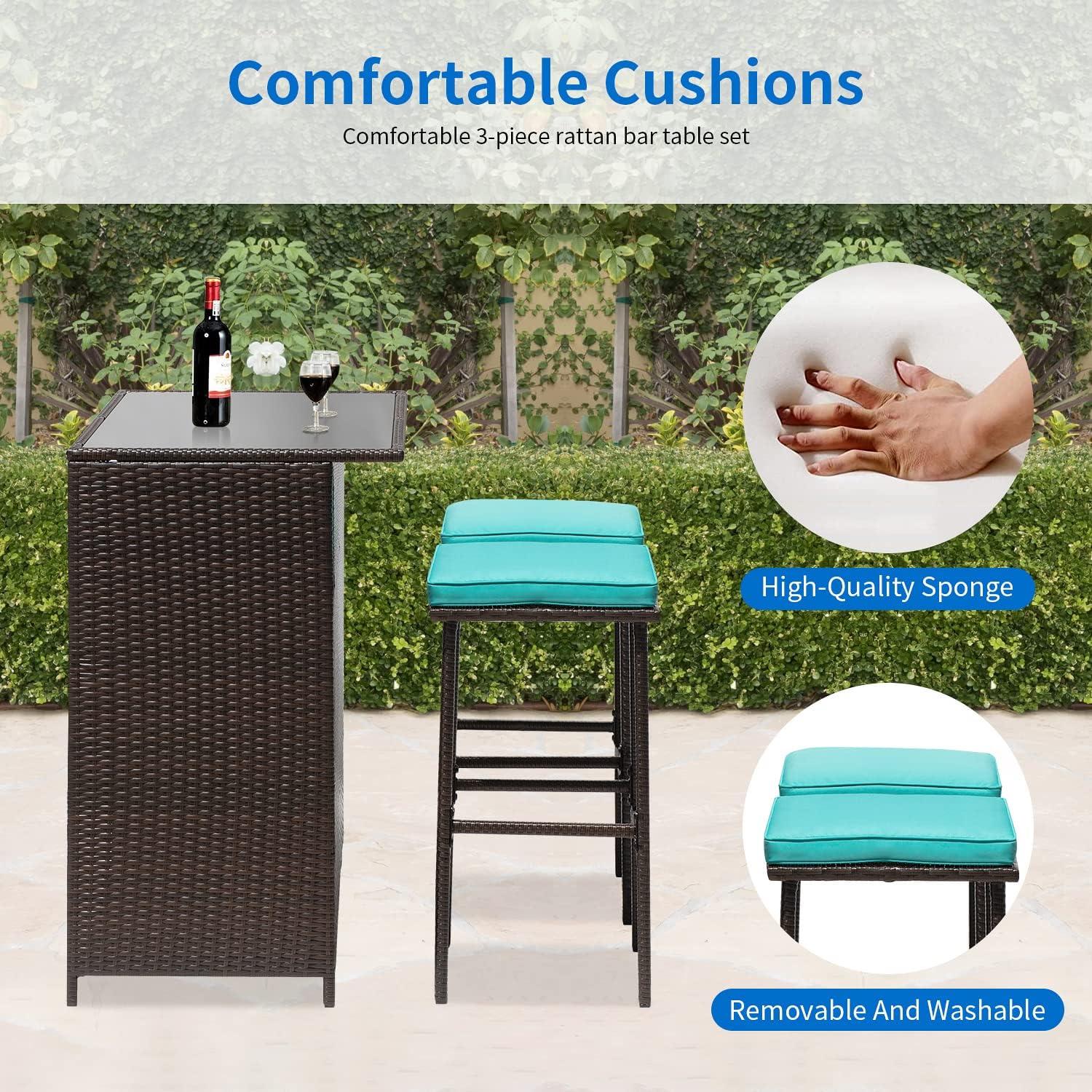 FDW Outdoor Furniture Set Wicker Bistro Set 3PCS Patio Bar Set with Two Stools for Patio Backyard Balcony,Blue Cushion