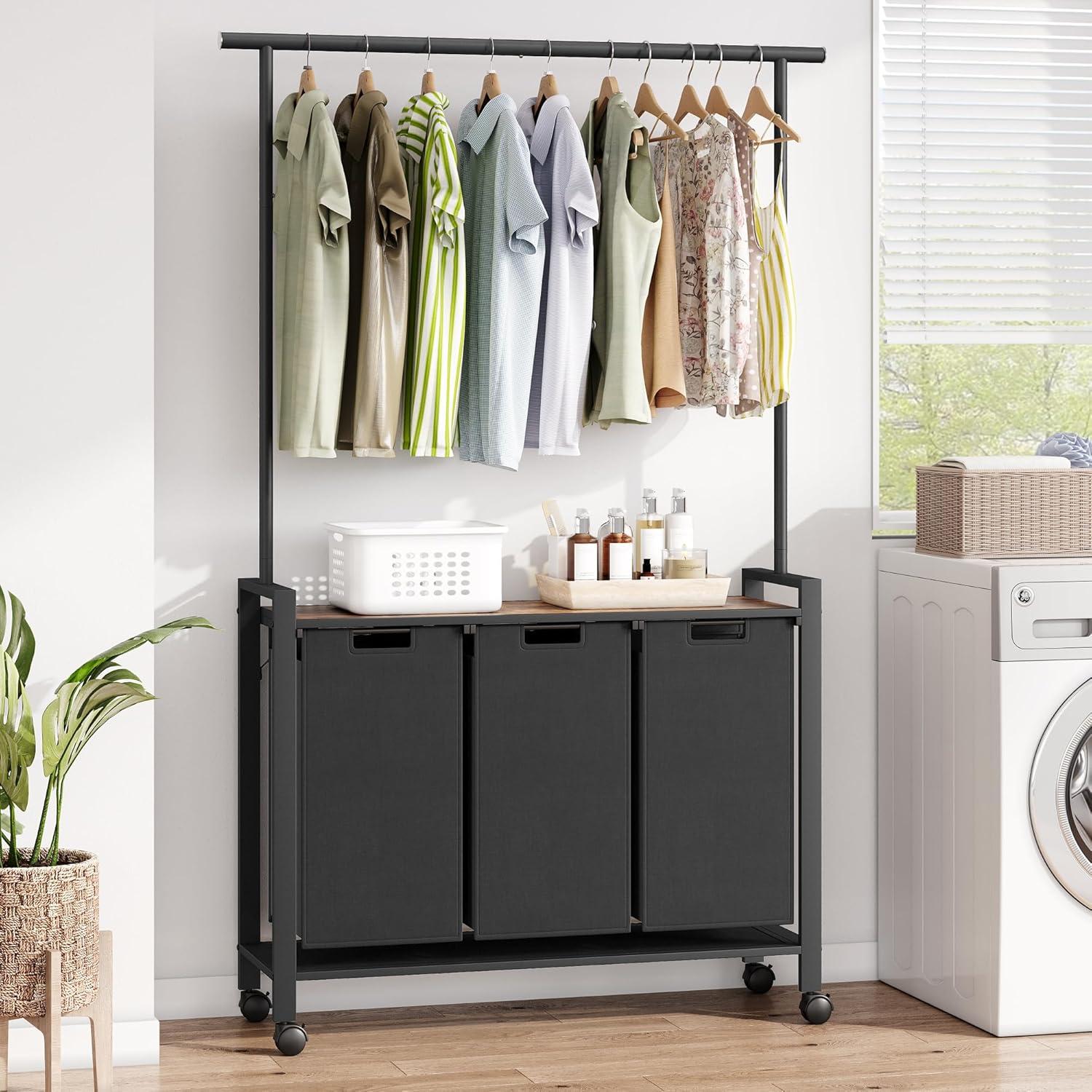 Retro Black 3-Section Laundry Sorter with Wheels and Hanging Rack