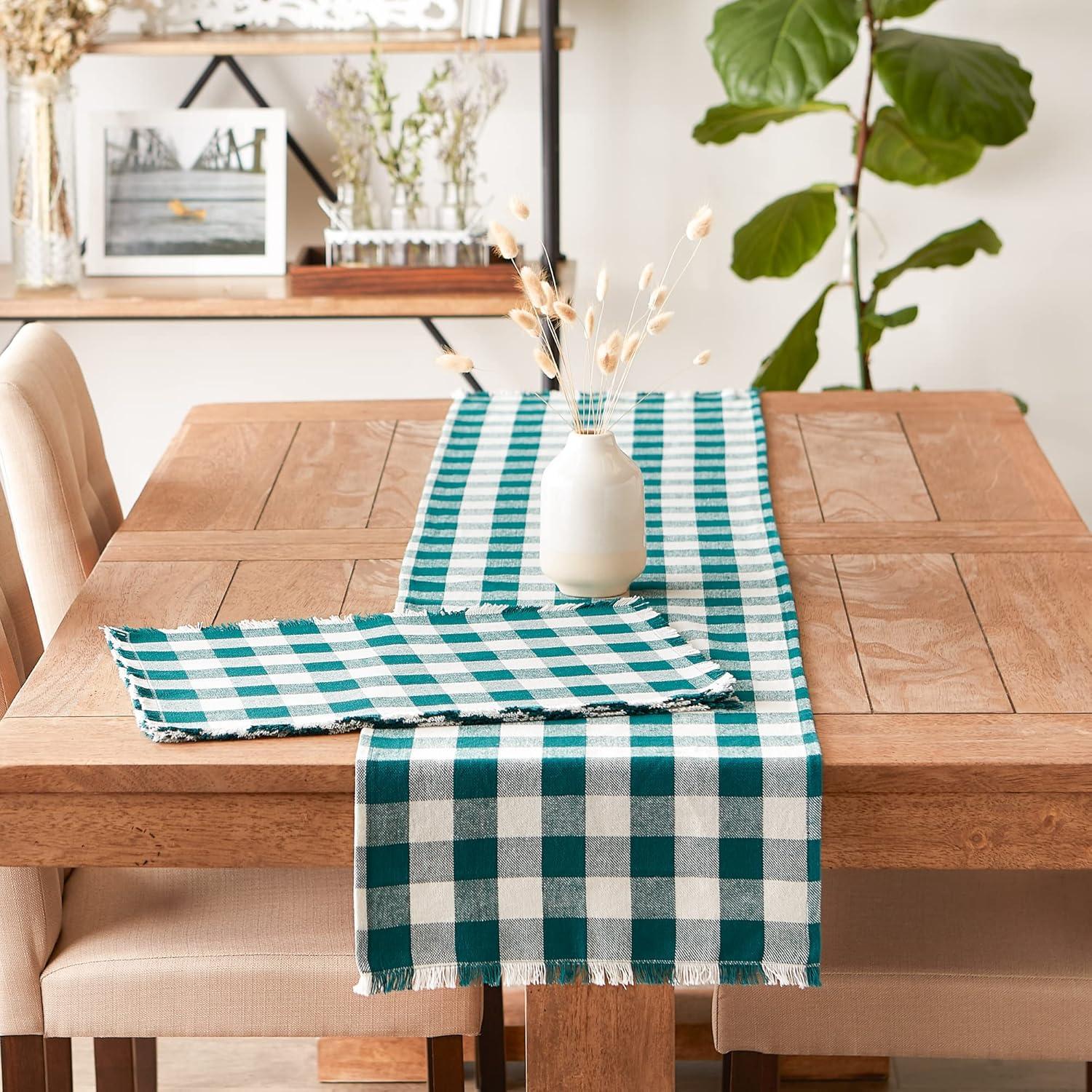 Teal Heavyweight Check Fringed Table Runner 14x72