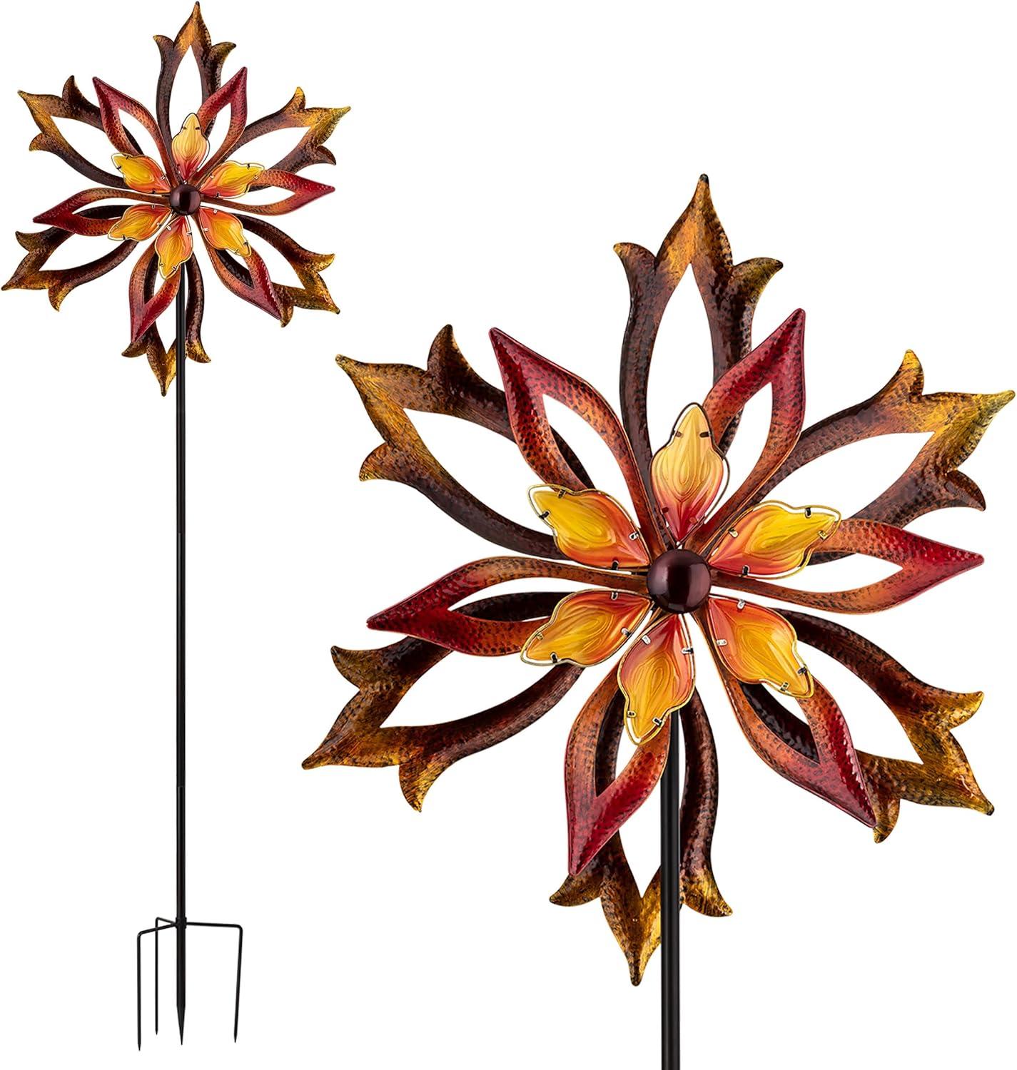 96" Glass/Iron Outdoor Flower Dual Kinetic Spinner Stake Red/Yellow - Alpine Corporation: Yard Art Decor
