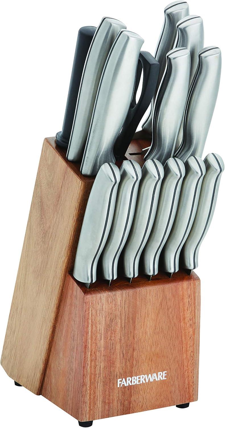 15-Piece Stainless Steel Knife Block Set with Wood Handles