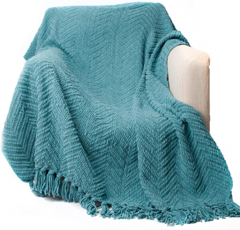 Teal Knitted Zig-Zag Throw Blanket with Tassels, 50"x60"