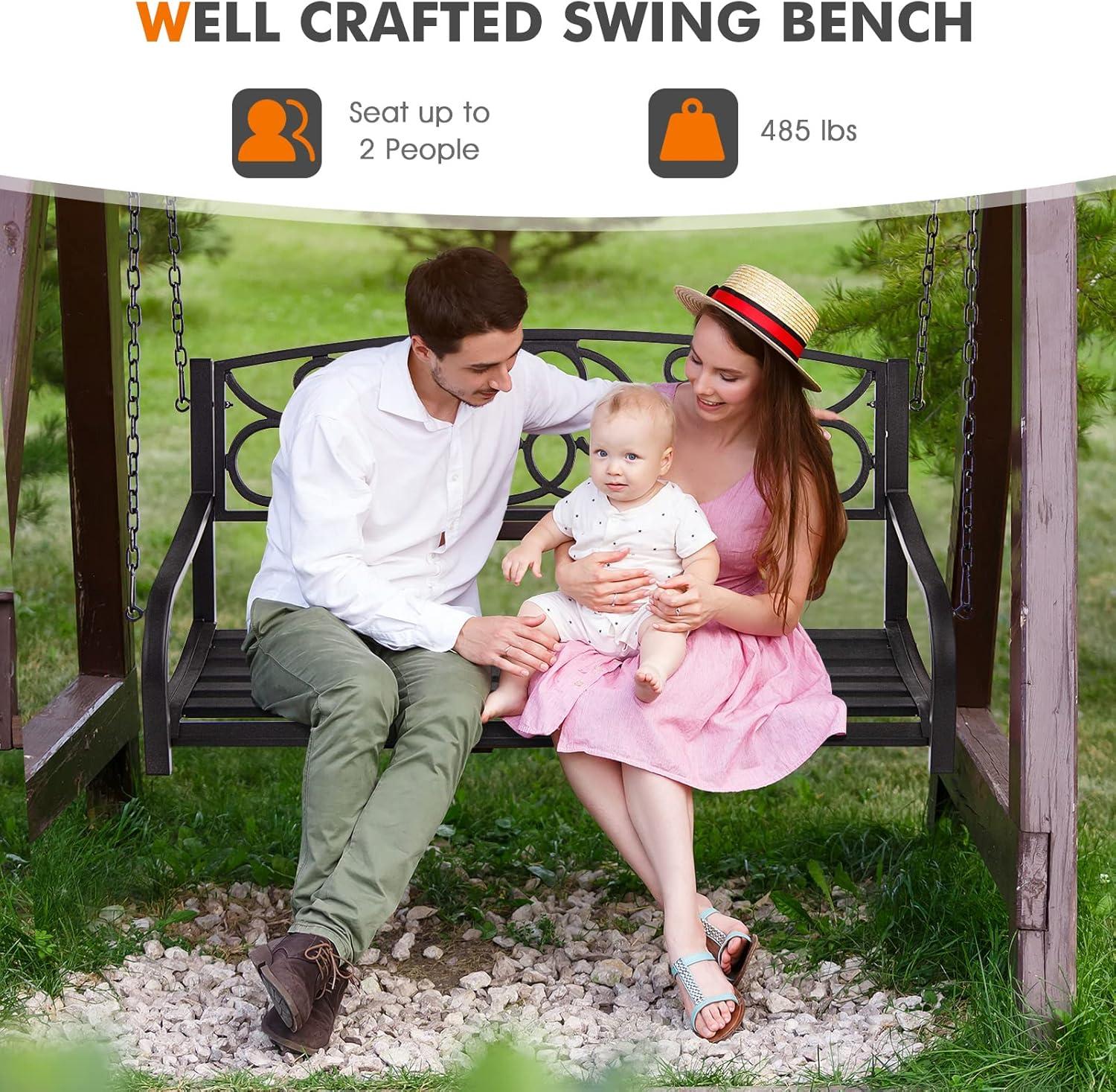 Resenkos Porch Swing, 2-Person Outdoor Porch Metal Hanging Swing Chair with Sturdy Chains-Brown, Hanging Outdoor Porch Swings for Garden, Backyard