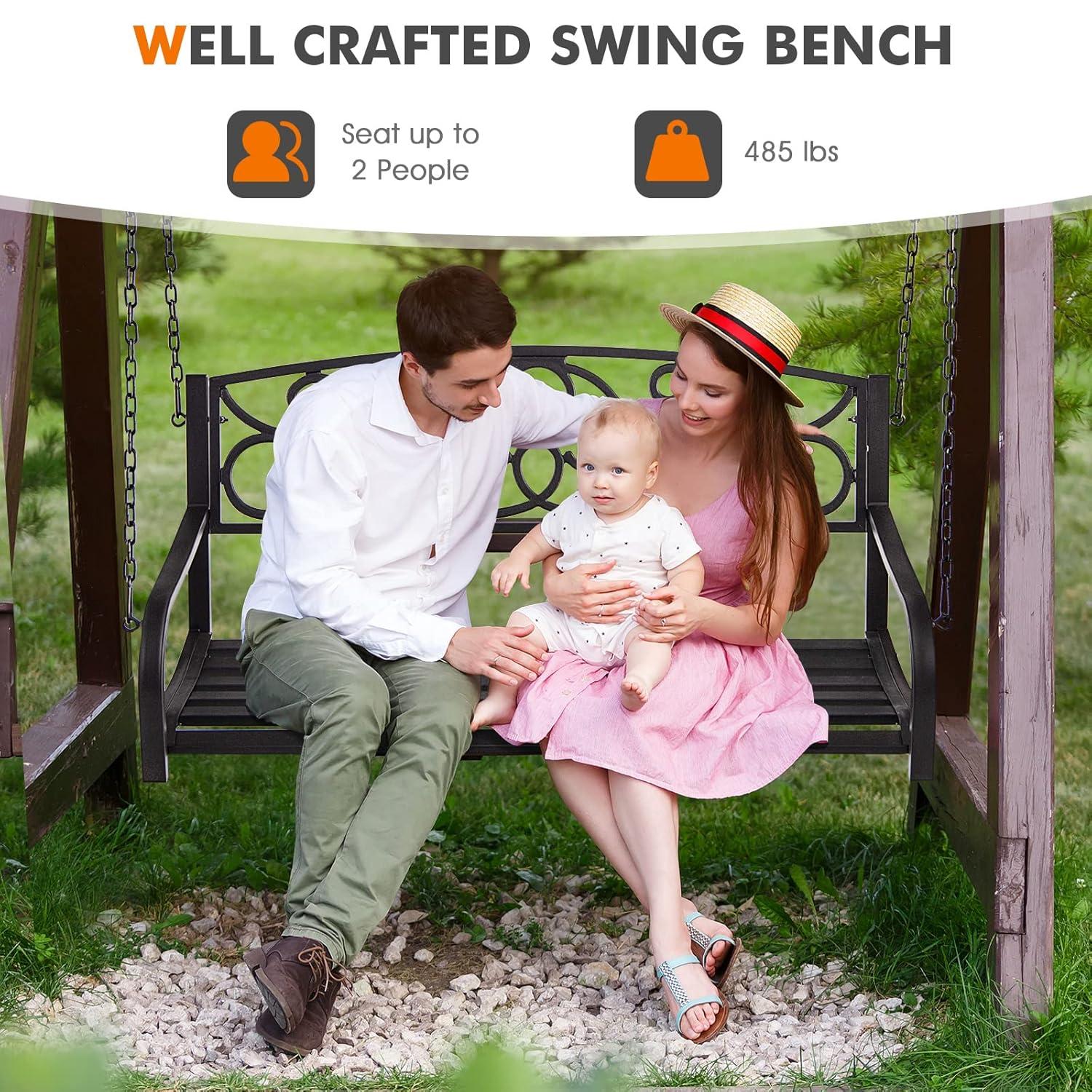 Resenkos Porch Swing, 2-Person Outdoor Porch Metal Hanging Swing Chair with Sturdy Chains-Brown, Hanging Outdoor Porch Swings for Garden, Backyard