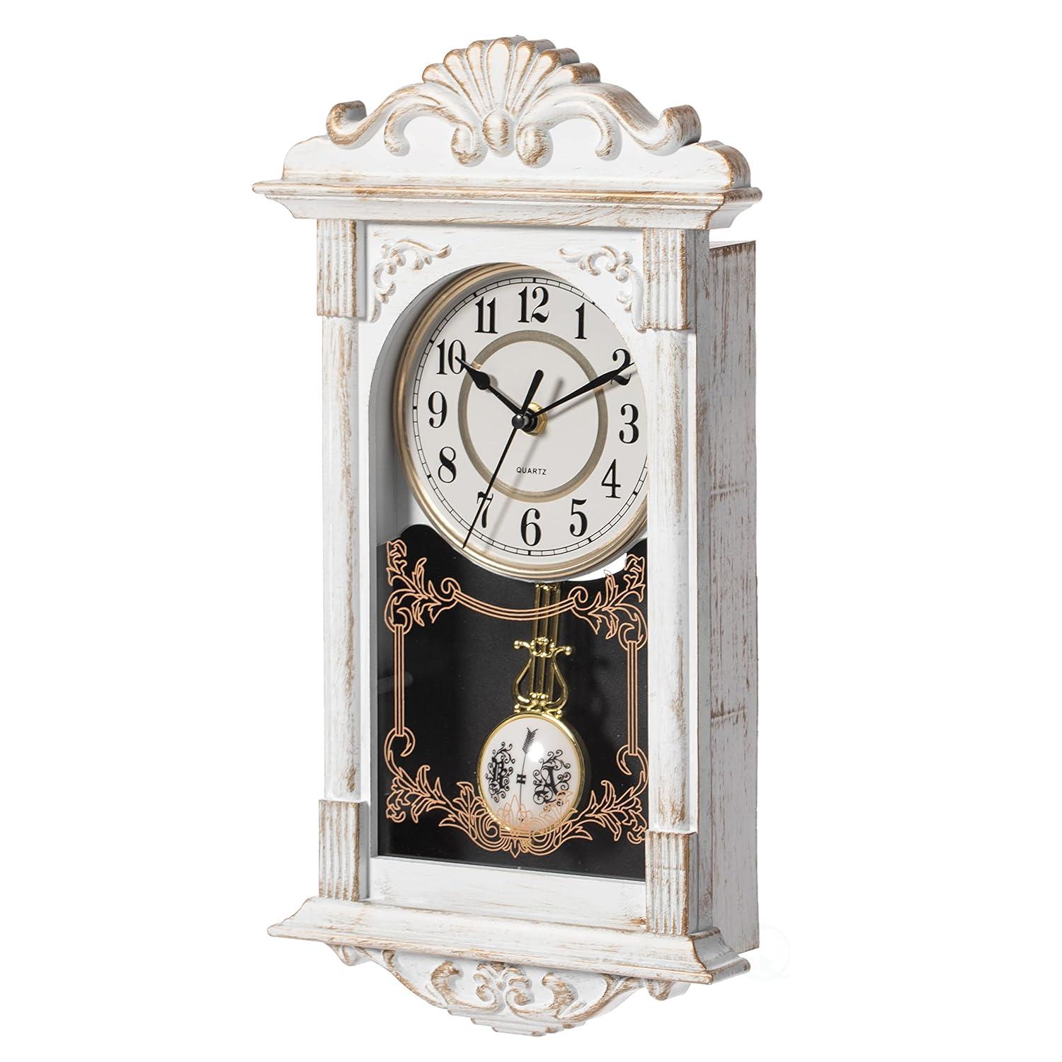 Clockswise Vintage Grandfather Wood-Looking Plastic Pendulum Decorative Battery-Operated Wall Clock Brown, for Home Decor, White