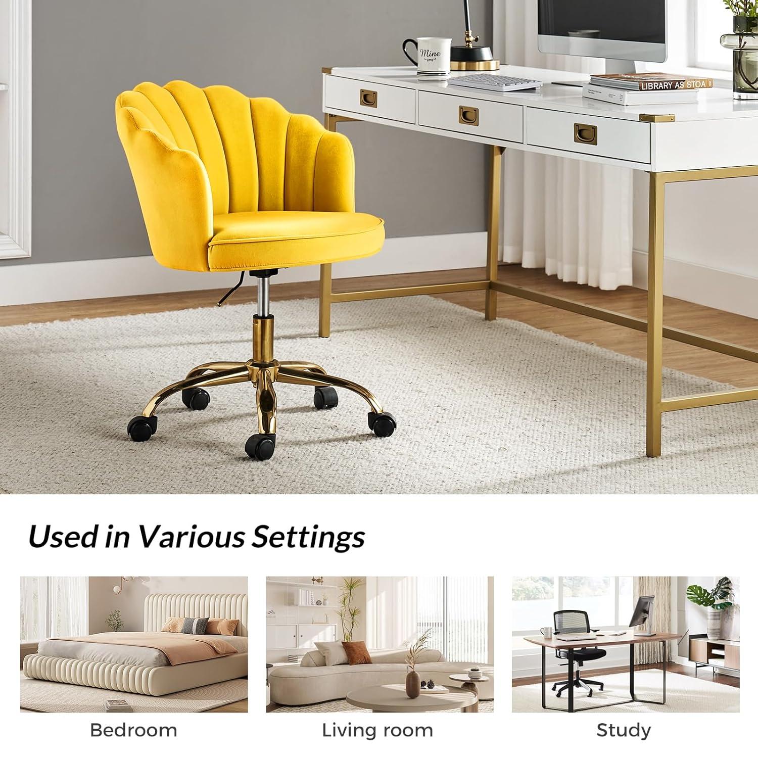HULALA HOME Velvet Home Office Desk Chair, Modern Shell Back Makeup Vanity Chair with Wheels, Swivel Height Adjustable Cute Task Chair for Women Girls, Yellow