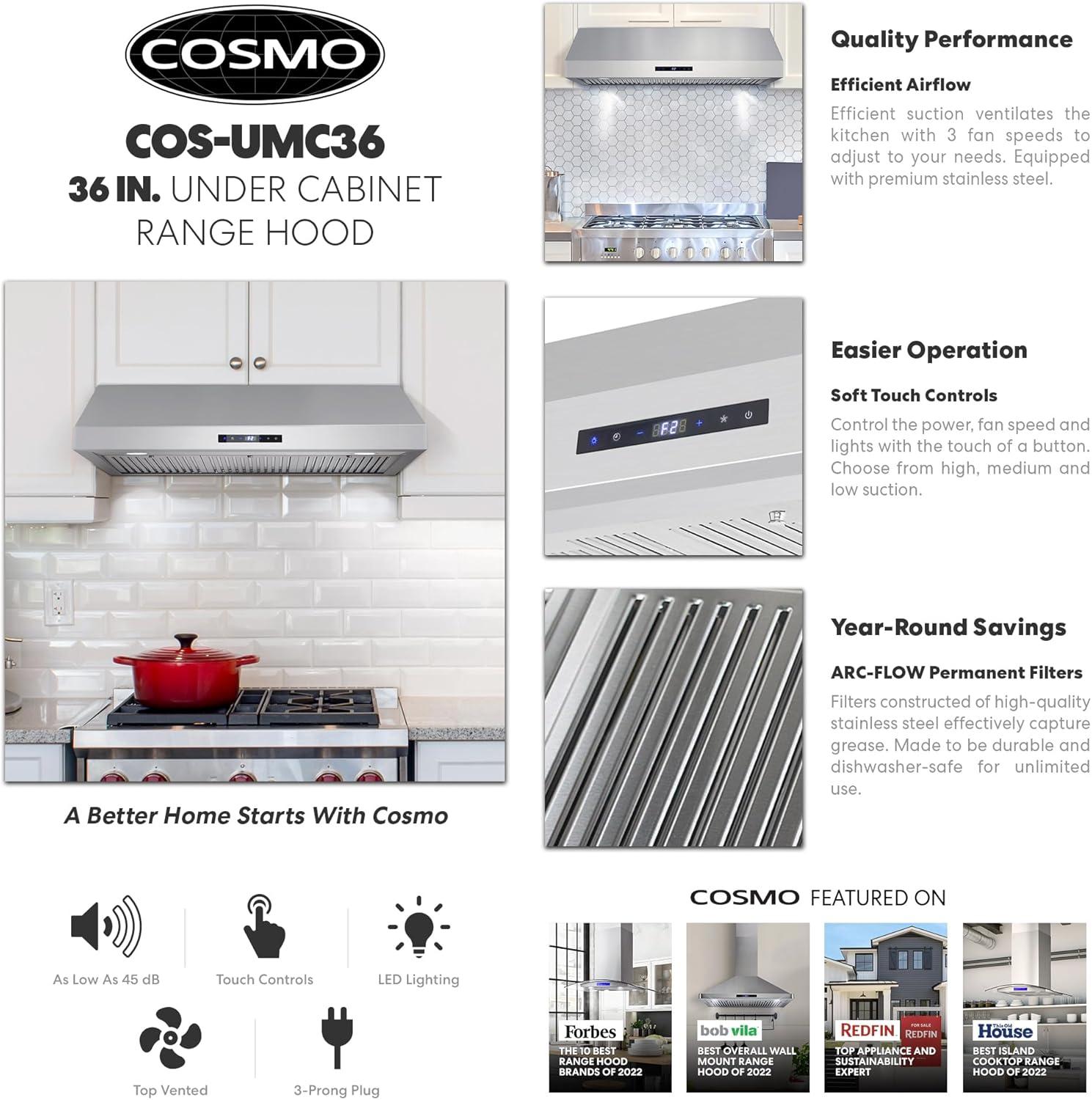 Cosmo 36" Stainless Steel 380 CFM Ducted (Vented) Under Cabinet Range Hood with Baffle Filter