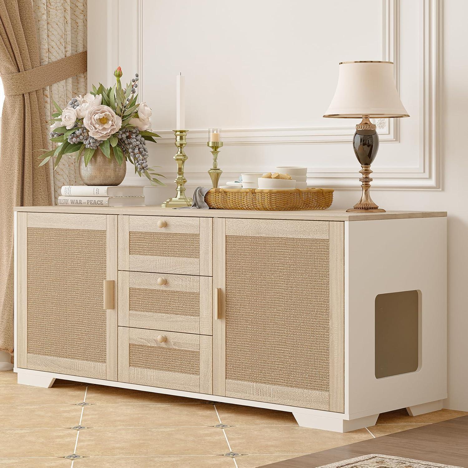 Tucker Murphy Pet™ Cat Litter Box Enclosure Indoor Wood Cat Furniture Cabinet With Scratching Pad Doors And 3 Drawer, 55”X20”X24”H