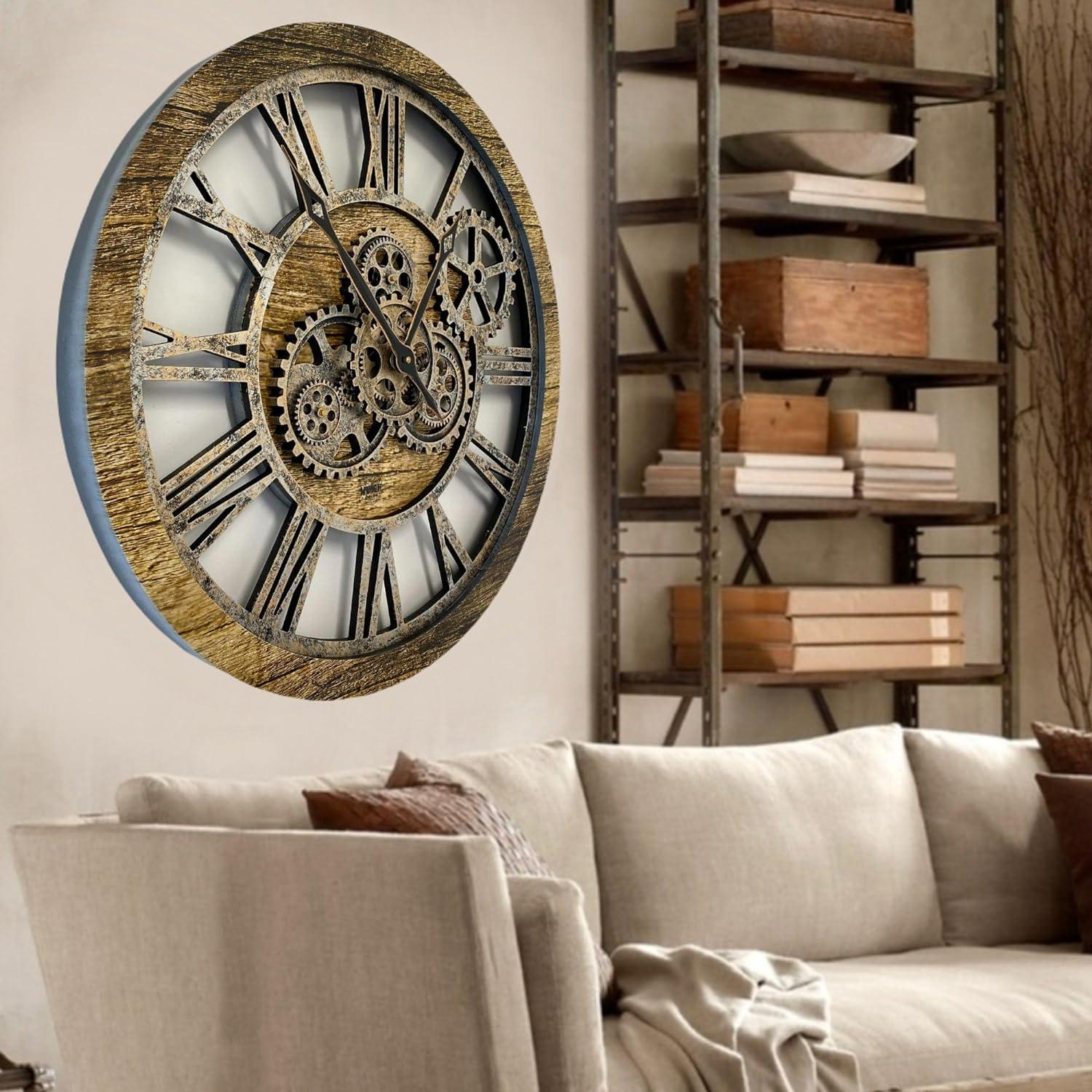 The Gears Clock Wall Clock 24" Round Oversized for Living Room decor with Real Moving Gears America Collection