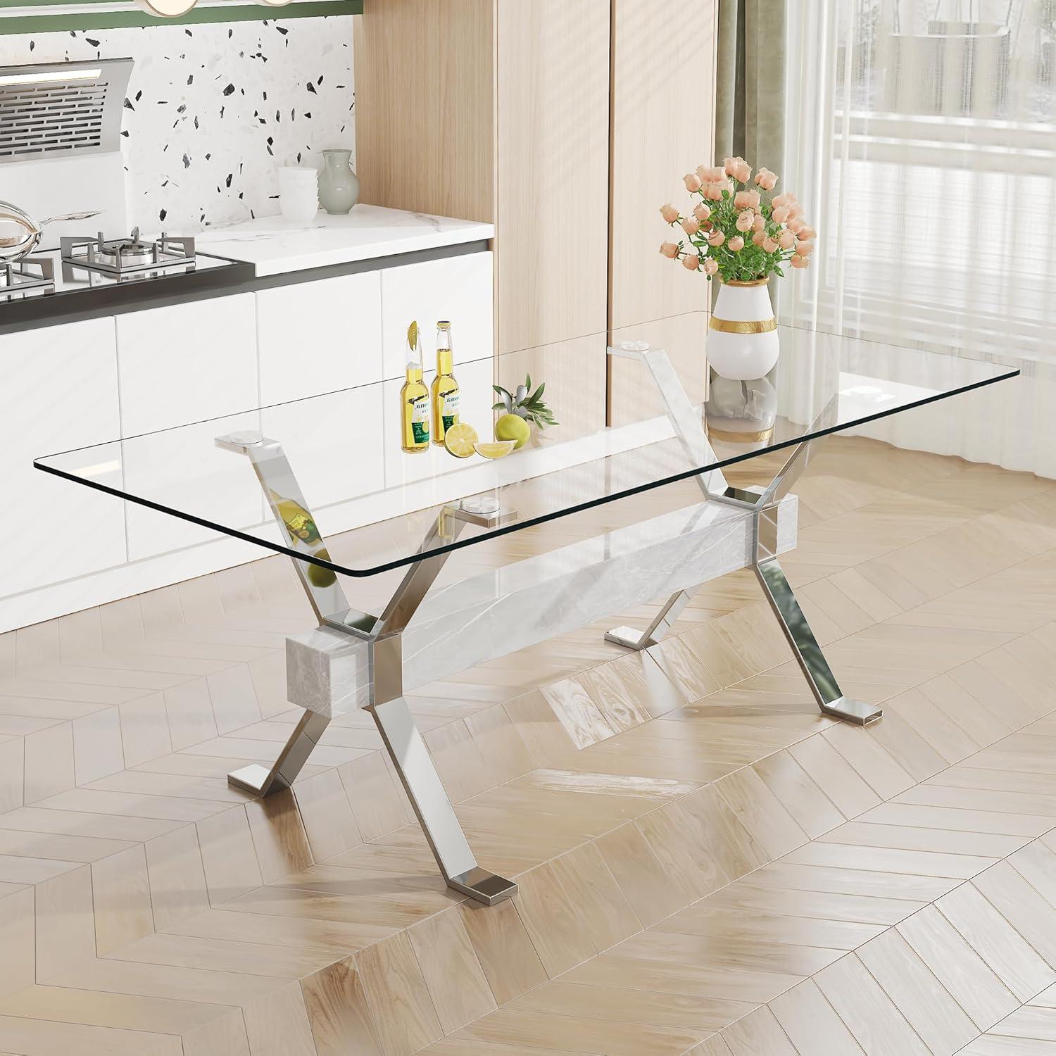 Dining table. Modern tempered glass dining table. Large modern office desk with silver plated metal legs and MDF crossbars, suitable for both home and office use. Kitchen. 79"x 39"x 30"