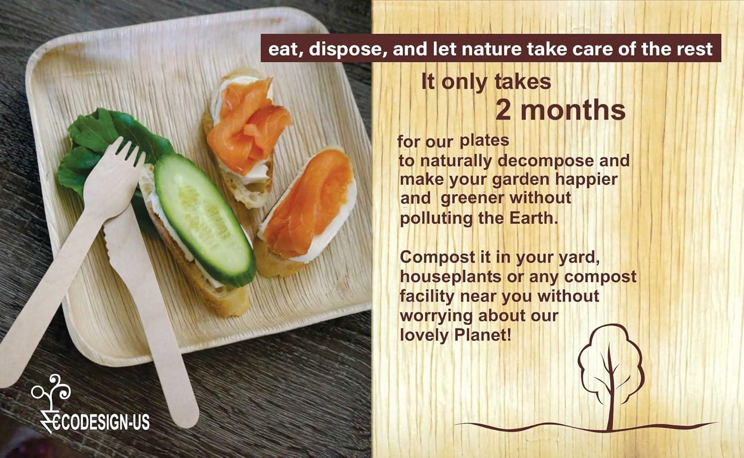 50 Disposable 8" Square Palm Leaf Plates, 50 Wood Forks, 50 Wood Knives - Party Pack of Eco-Friendly Dinnerware