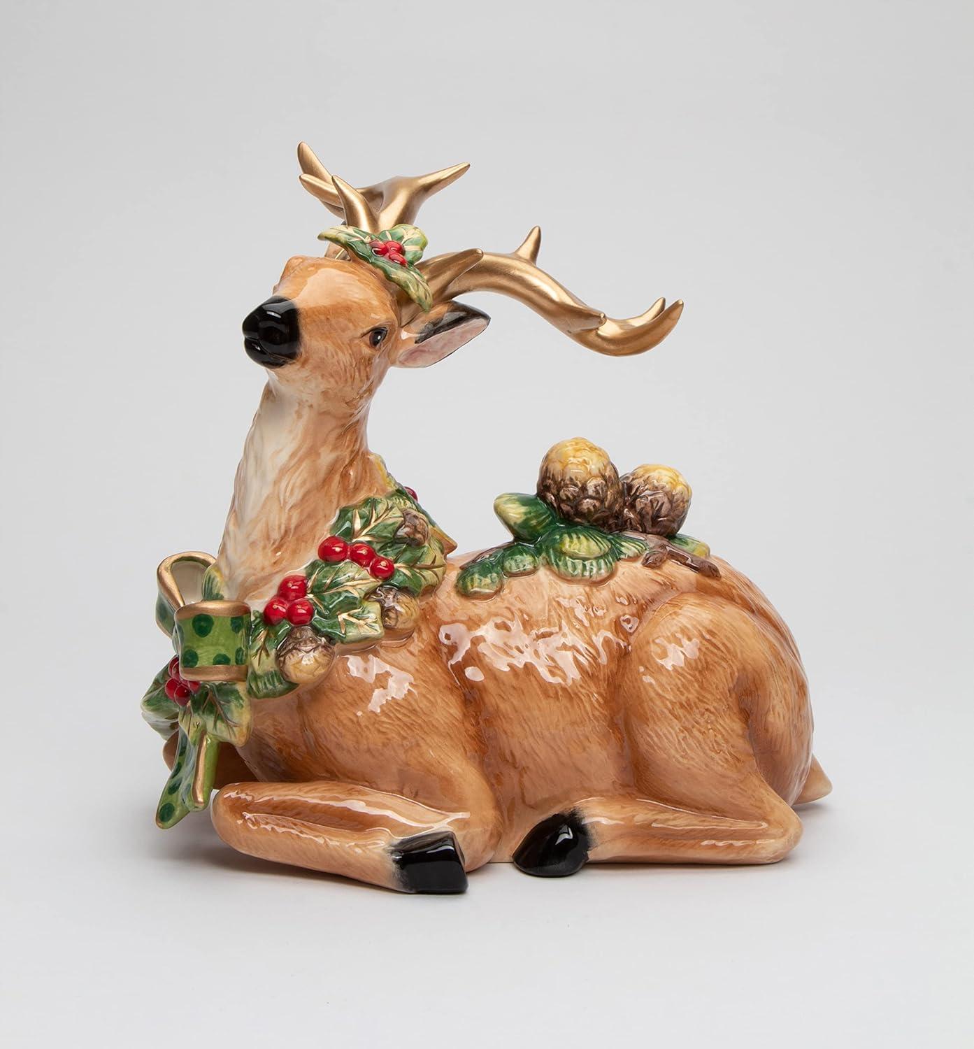 Ceramic Reindeer with Pine Cone Figurine, Christmas Decor