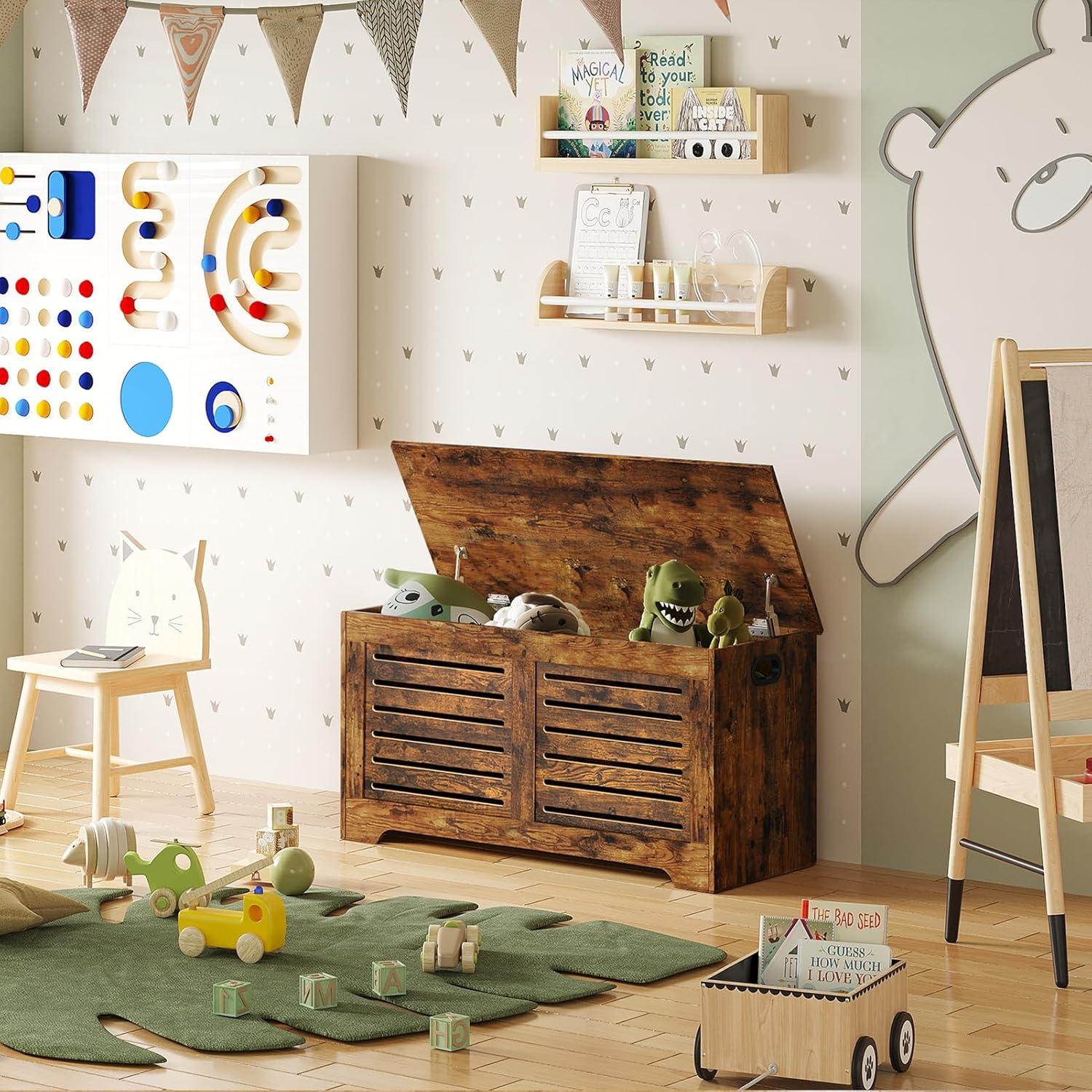 DINZI LVJ Storage Chest, Flip-Top Wooden Toy Box with 2 Safety Hinges, Retro Entryway Shoe Bench, Sturdy Large Storage Trunk for Living Room, Bedroom, Toddler Room, Easy Assembly, Rustic Brown