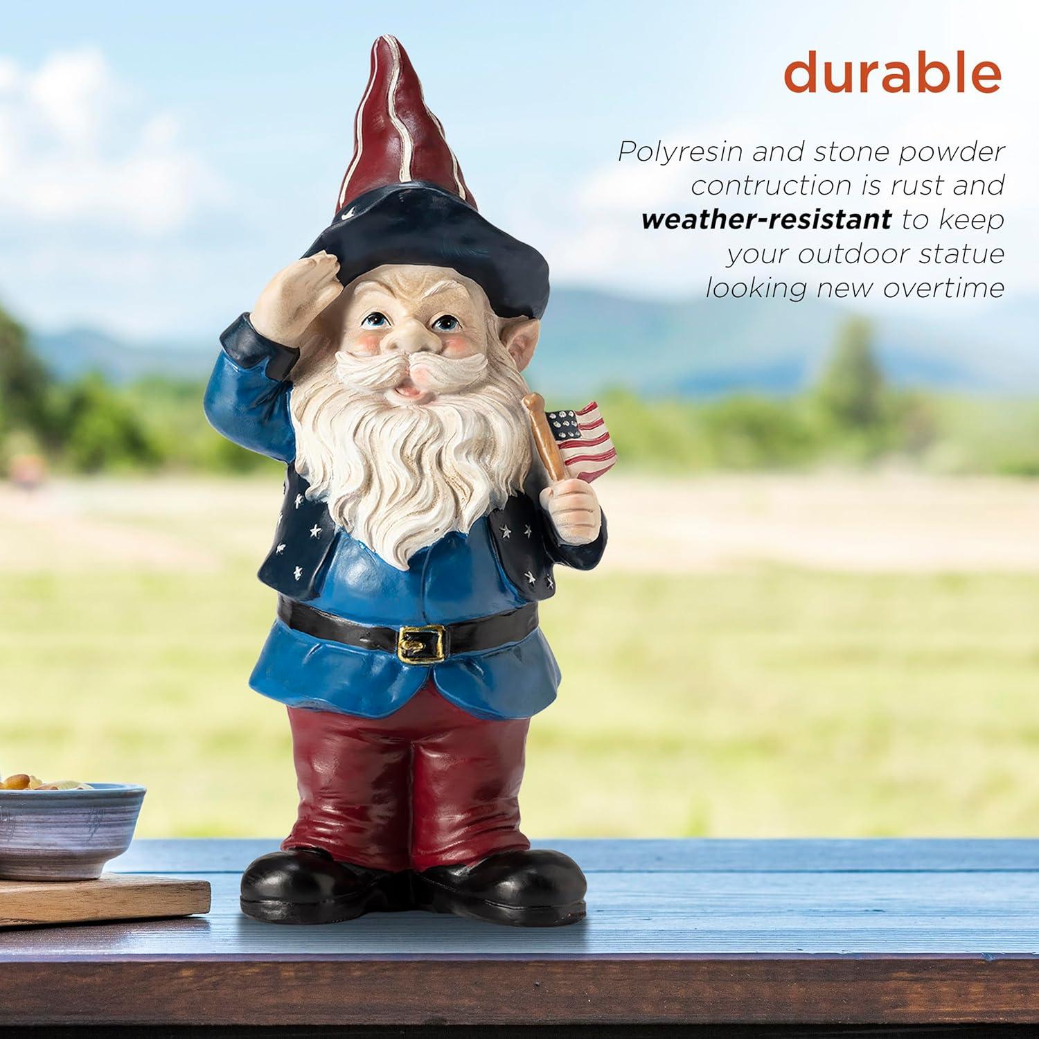 Alpine Corporation 12" Tall Outdoor Patriotic Garden Gnome Saluting Yard Statue Decoration C27