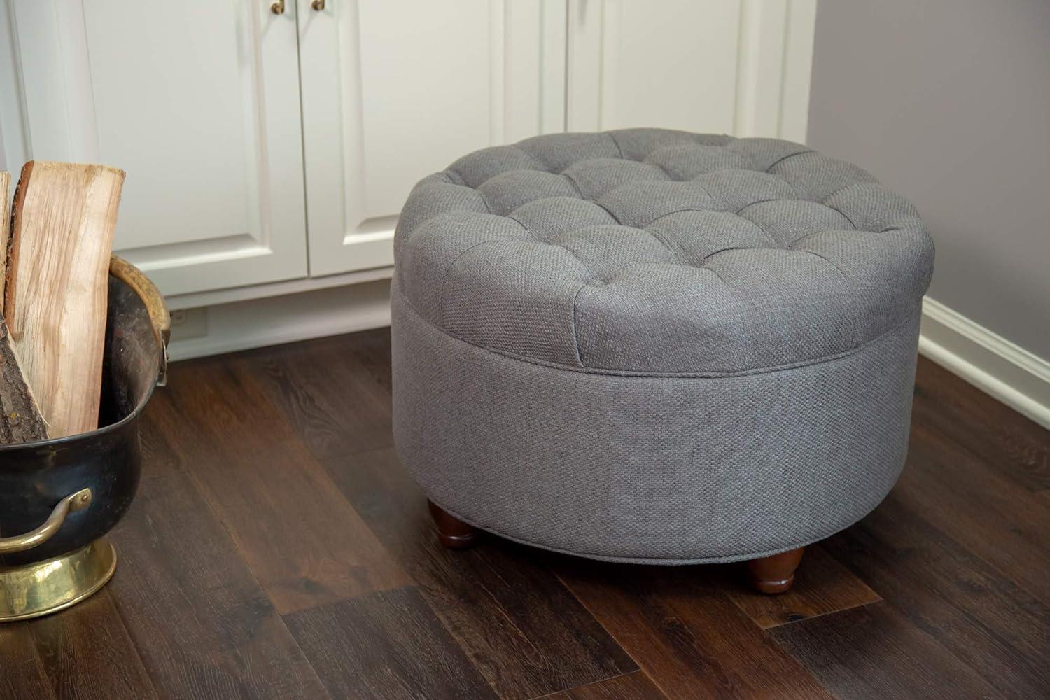 Large Tufted Round Storage Ottoman with Lid & Wood Legs - HomePop