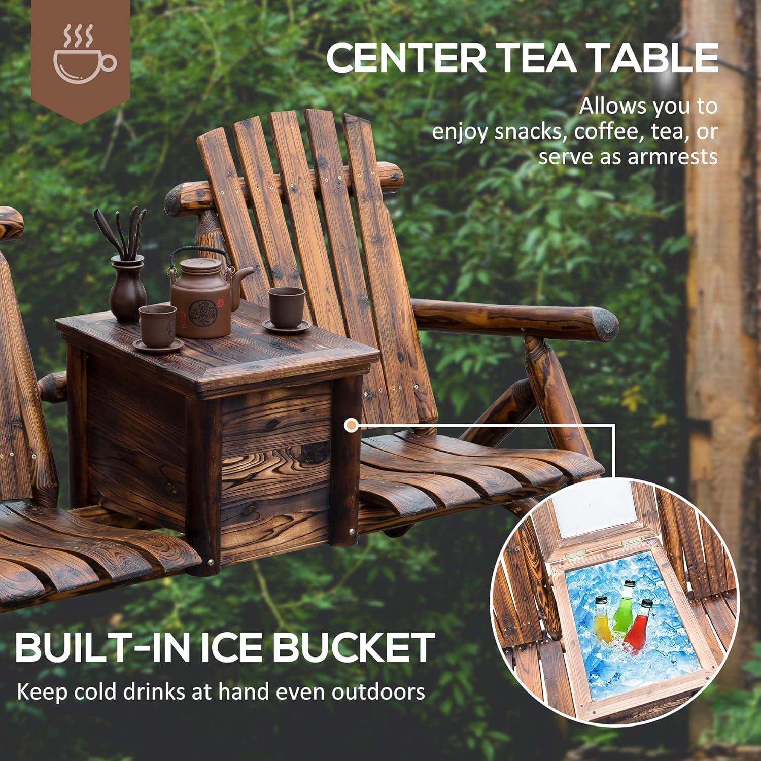 Outsunny Wooden Double Adirondack Chair Loveseat with Inset Ice Bucket, Table, Rustic Look, & Weather-Resistant Varnish