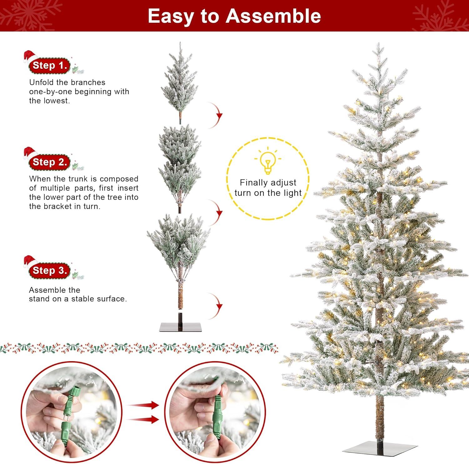 8ft Pre-Lit Flocked Fir Artificial Christmas Tree with Warm White Lights