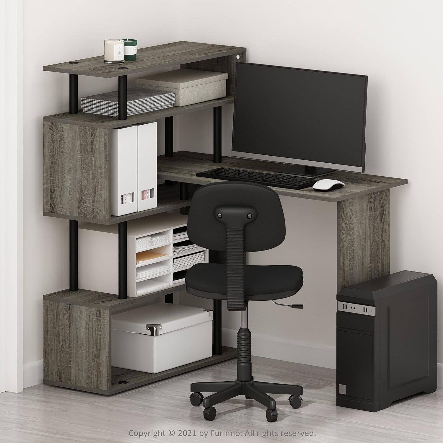 Furinno Moore L-Shape Computer Desk with 5-Tier Shelves, French Oak/Black