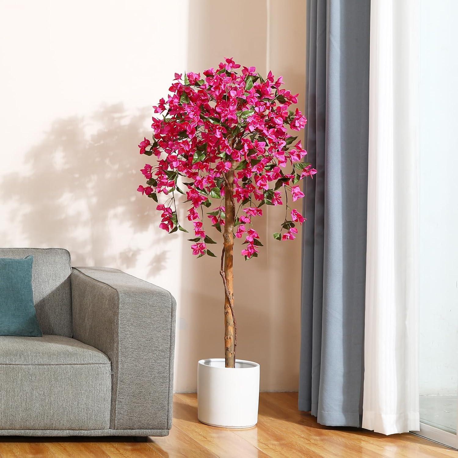 5FT Artificial Bougainvillea Tree Potted Fake Plant with Wood Trunk and Pink Flowers for Indoor Office Wedding Home Decor