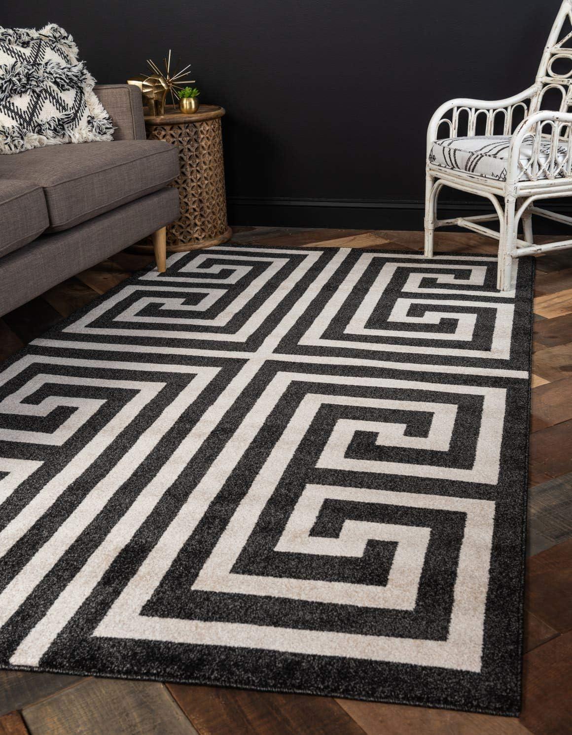 Unique Loom Greek Key Athens Rug Black/Beige 5' 3" x 8' Rectangle Geometric Modern Perfect For Living Room Bed Room Dining Room Office