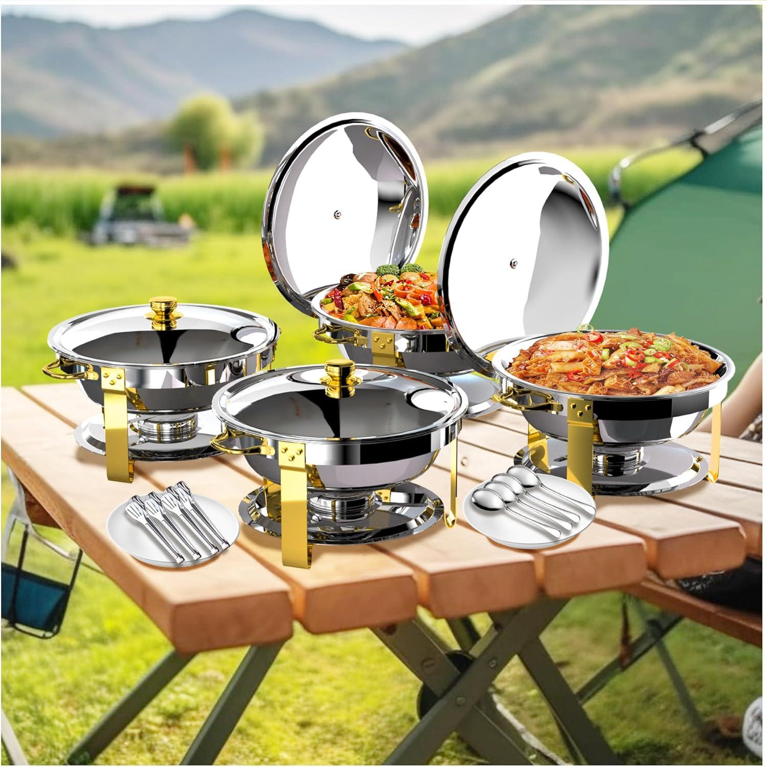 Ktaxon 4 Pack Chafing Dish for Buffet with Lid Holder, 5 Quart Stainless Steel Buffet Set, Round Chafers and Warmers Sets for Party, Catering, Wedding, Banquet, Graduation