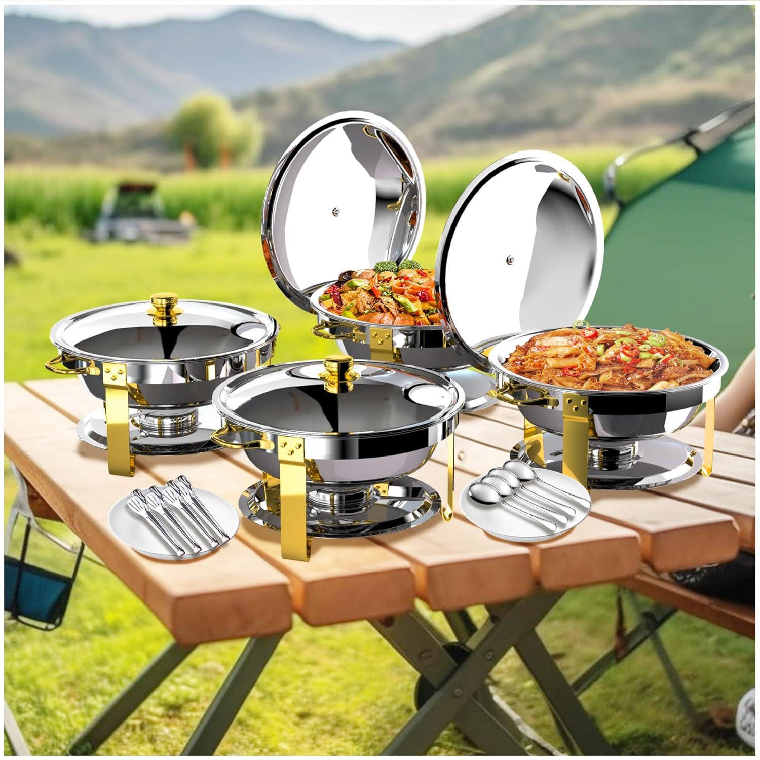 Ktaxon 4 Pack Chafing Dish for Buffet with Lid Holder, 5 Quart Stainless Steel Buffet Set, Round Chafers and Warmers Sets for Party, Catering, Wedding, Banquet, Graduation