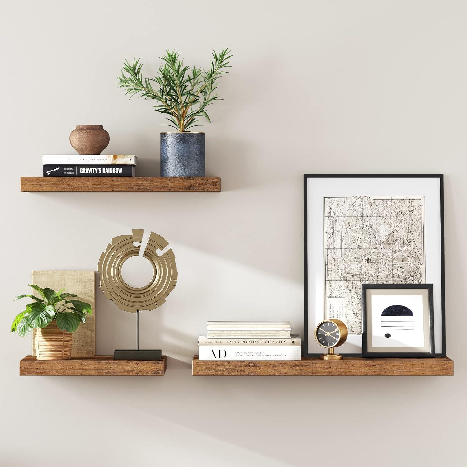 VASAGLE Floating Shelf Set of 2, for Photos, Decorations, in Living Room, Kitchen, Hallway, Entryway, Bathroom, Rustic Brown ULWS026X02