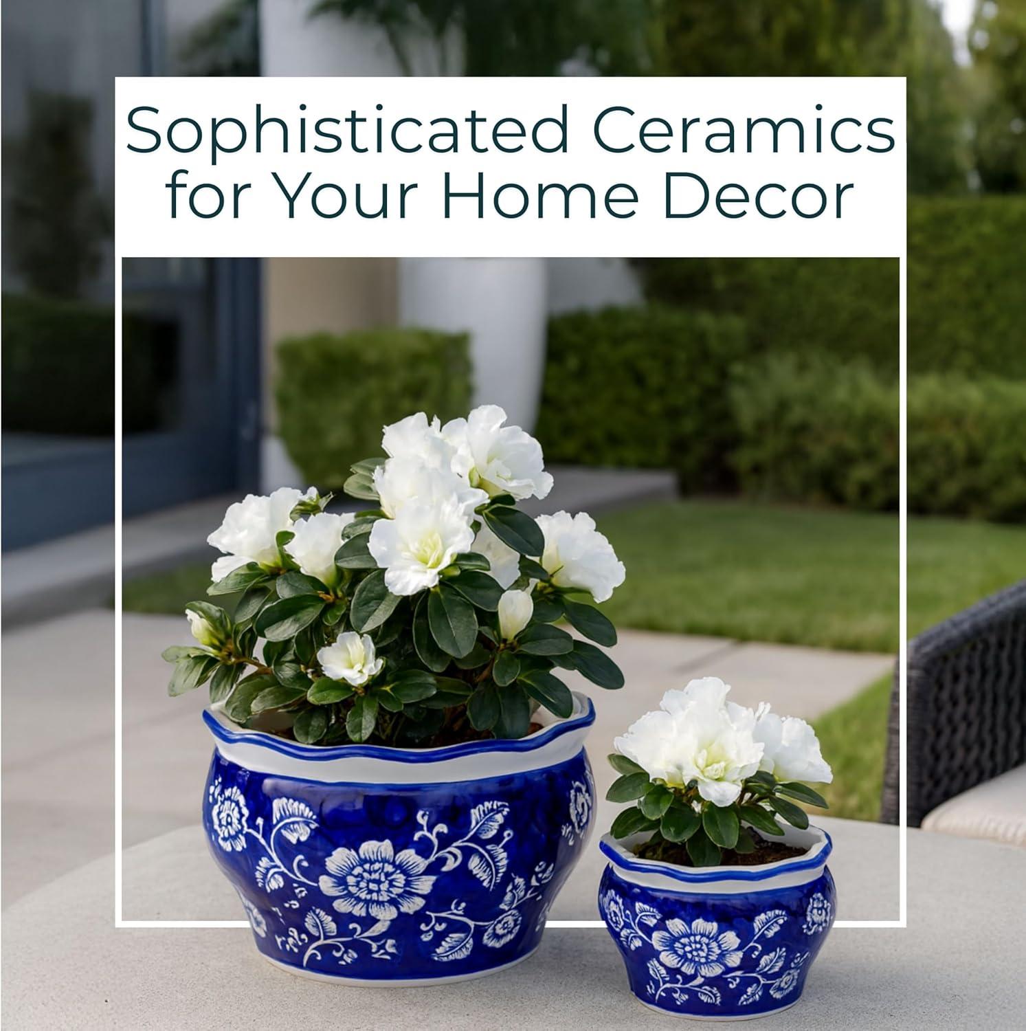 Sagebrook Home 2pc Chinoisere Ceramic Indoor Outdoor Planter Pots Blue/White: Hand-Painted, Rust-Resistant, No Assembly Required