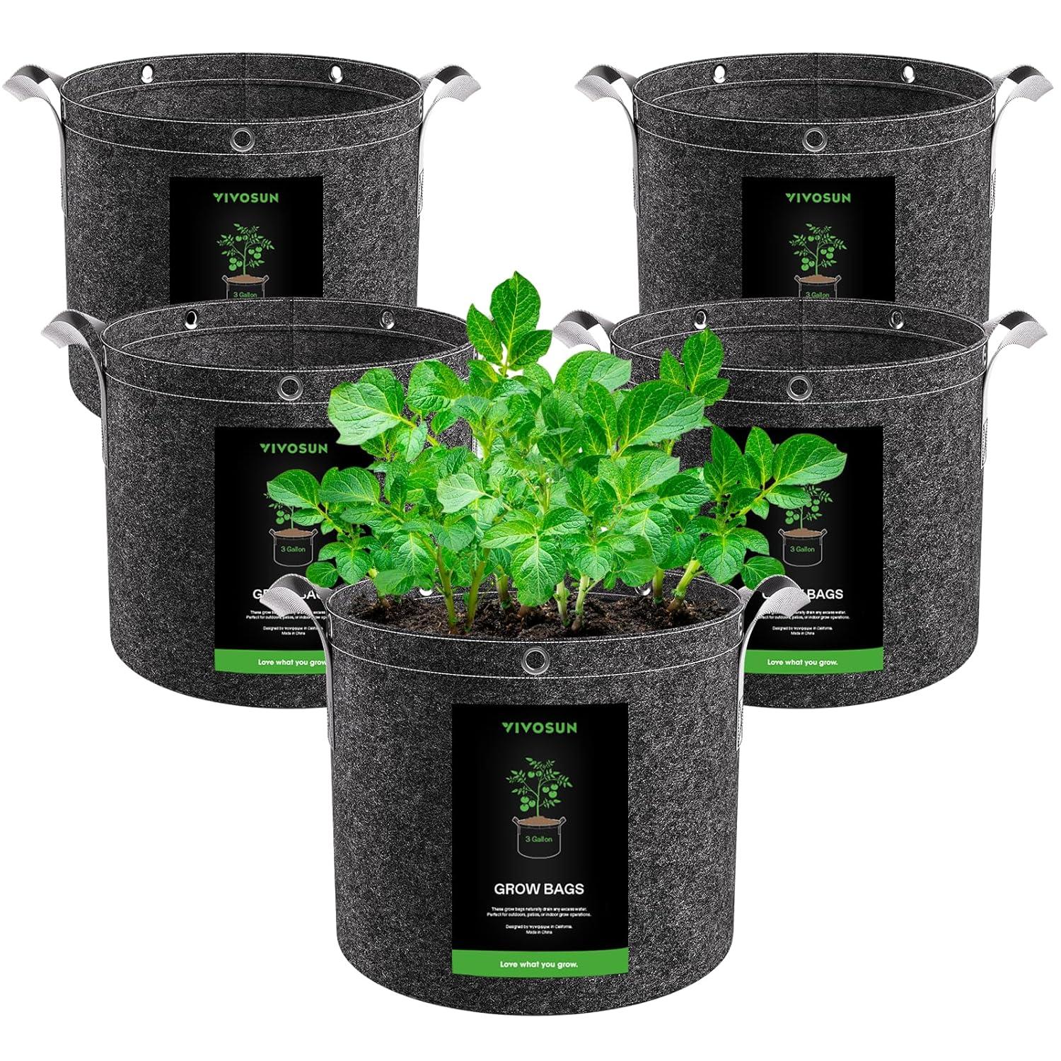 VIVOSUN 5-Pack 3 Gallon Grow Bags, 500G Thick Nonwoven Fabric Pots with Strap Handles, Multi-Purpose Rings, for Low Stress Plant Training Fruits, Vegetables, and Flowers