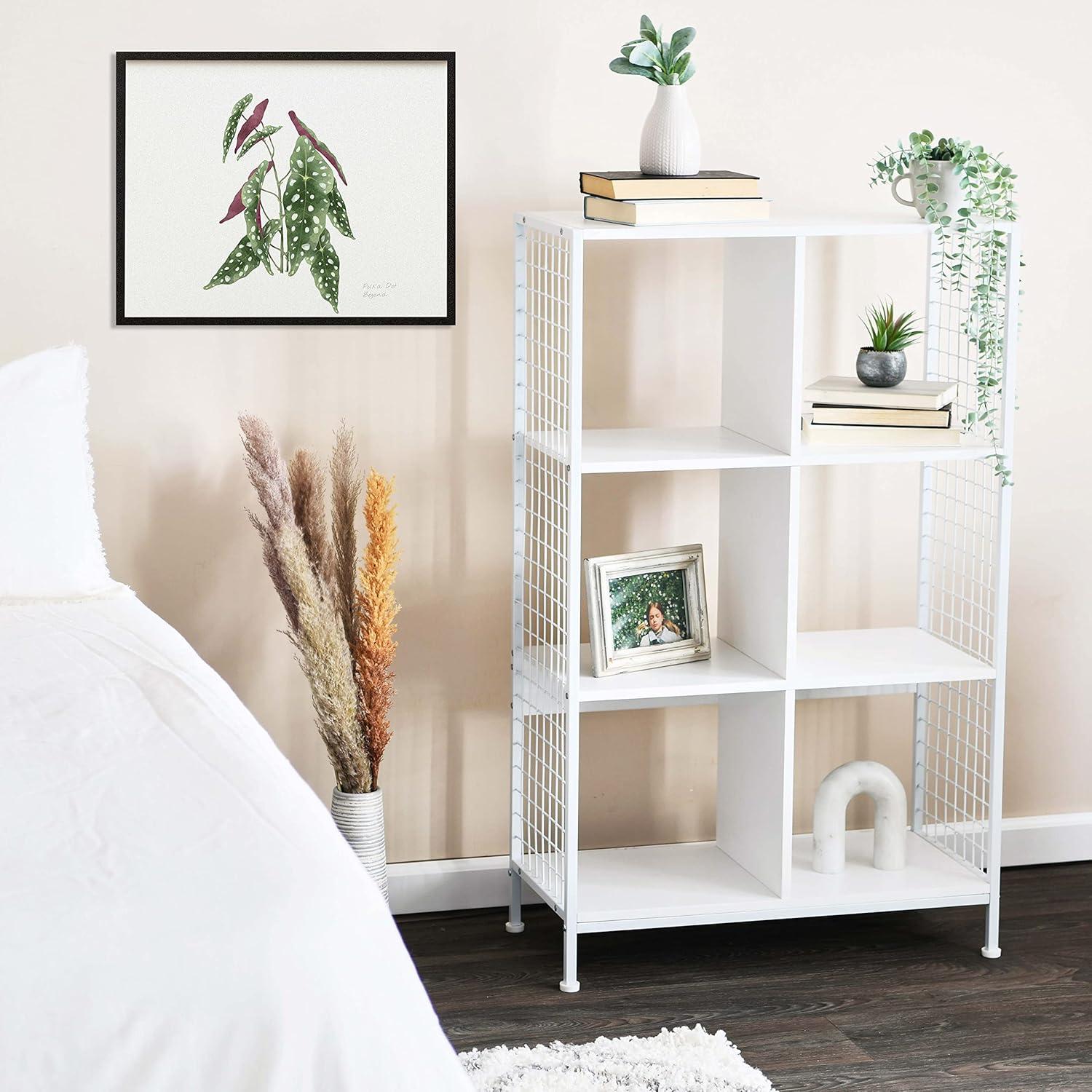 Household Essentials Cube Wall Shelves, 6 Cube Storage Wall Unit with Metal Mesh and High-Quality Engineered Wood with a Smooth White laminate Finish, Scandinavian White