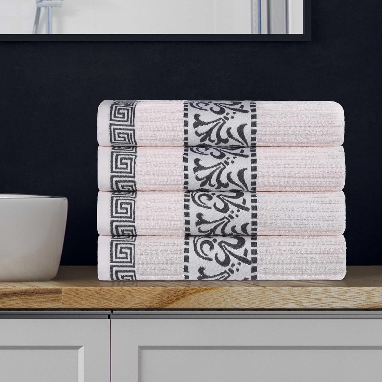 Superior Athens Cotton Greek Scroll Bath Towel Set of 4, Ivory-Gray