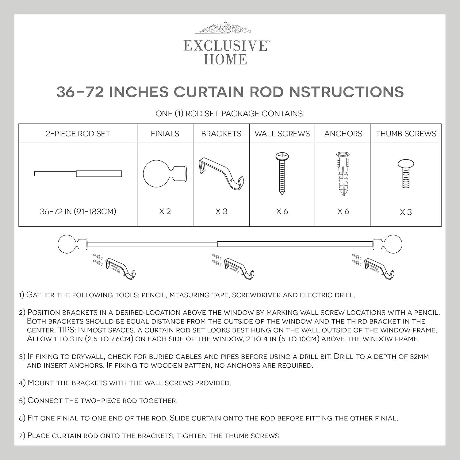 Distressed White Iron Adjustable Curtain Rod with Ribbed Finials