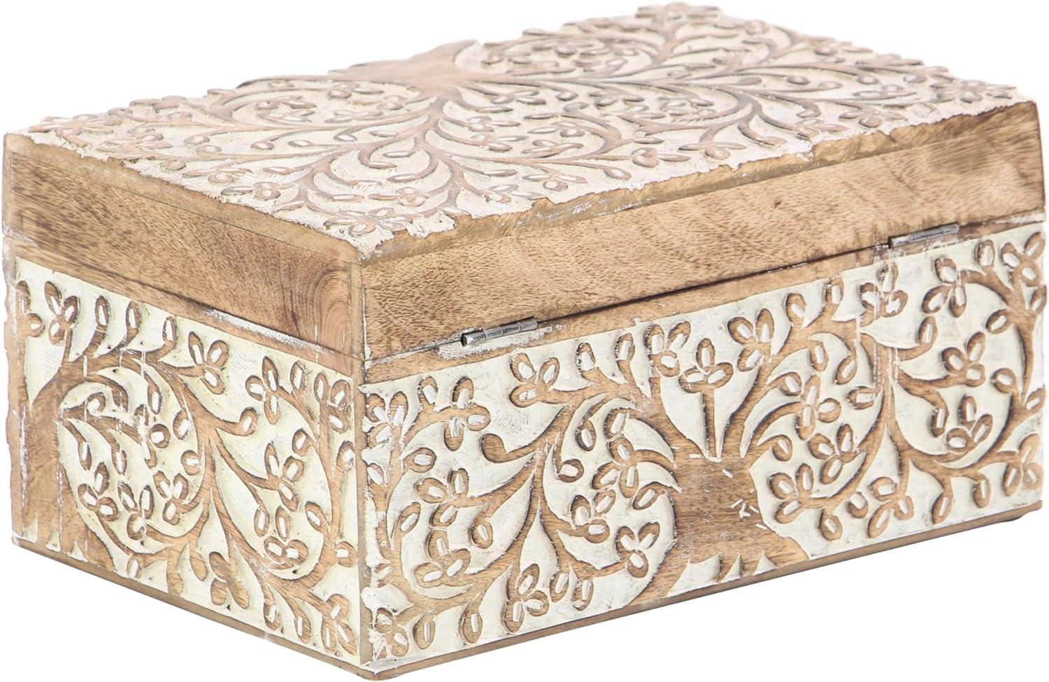 DecMode Floral Brown Mango Wood Decorative Box with Hinged Lid, 3 Count