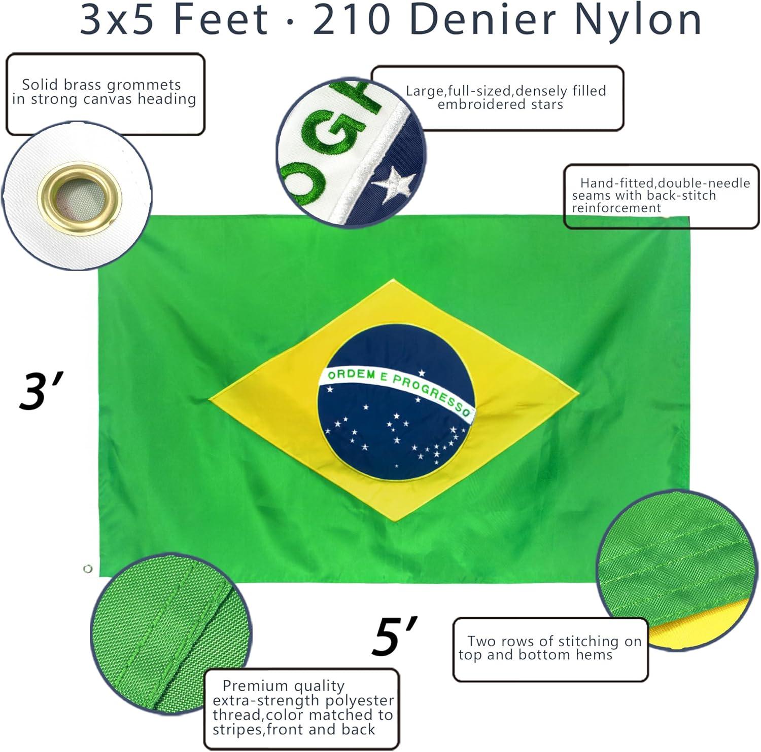 EverStrong Embroidered Brazil Flag 3x5 Feet Nylon