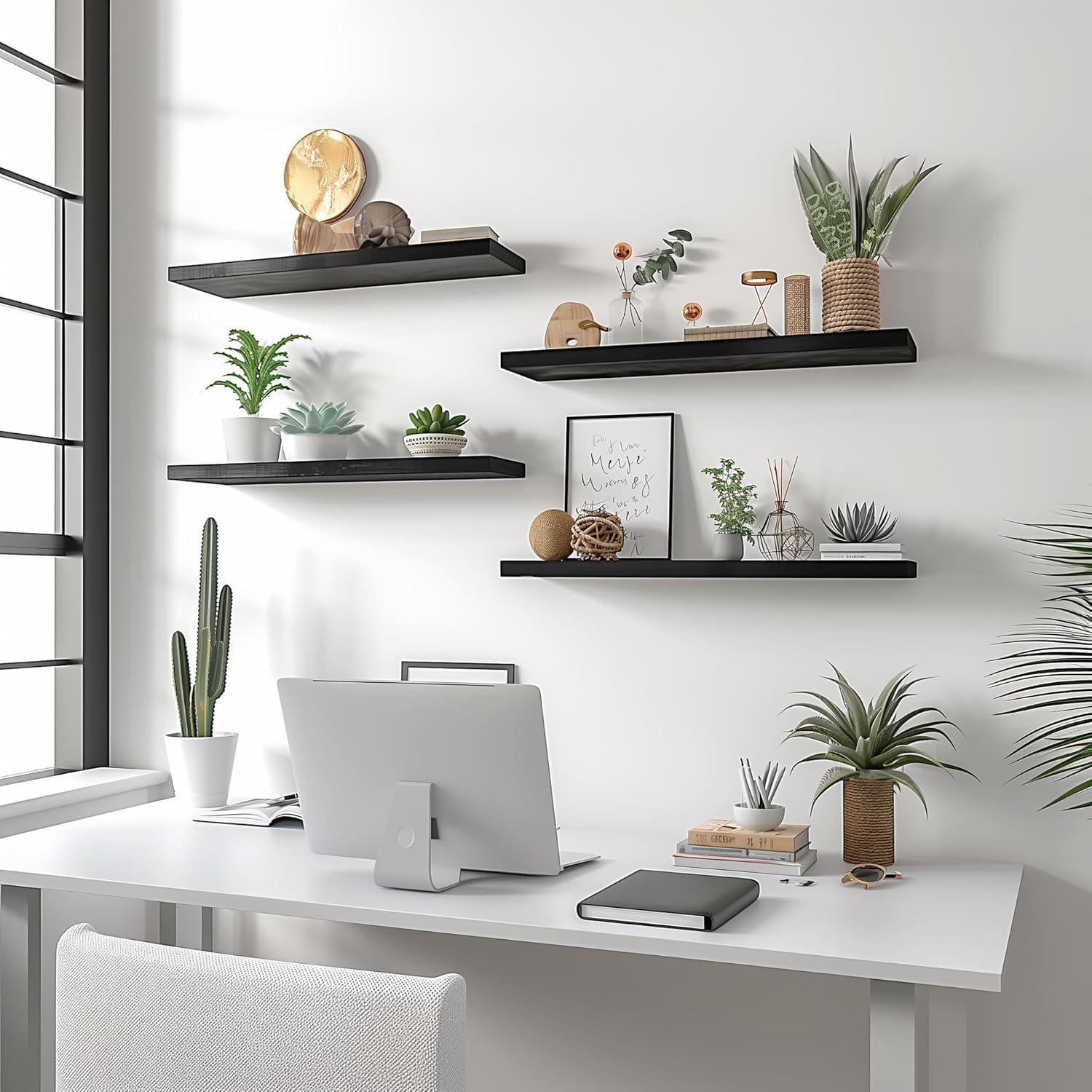 Wood Floating Shelves for Wall Decor, Rustic Wall Shelves for Bedroom Bathroom Kitchen Living Room, Set of 4 Light Walnut 24 Inch