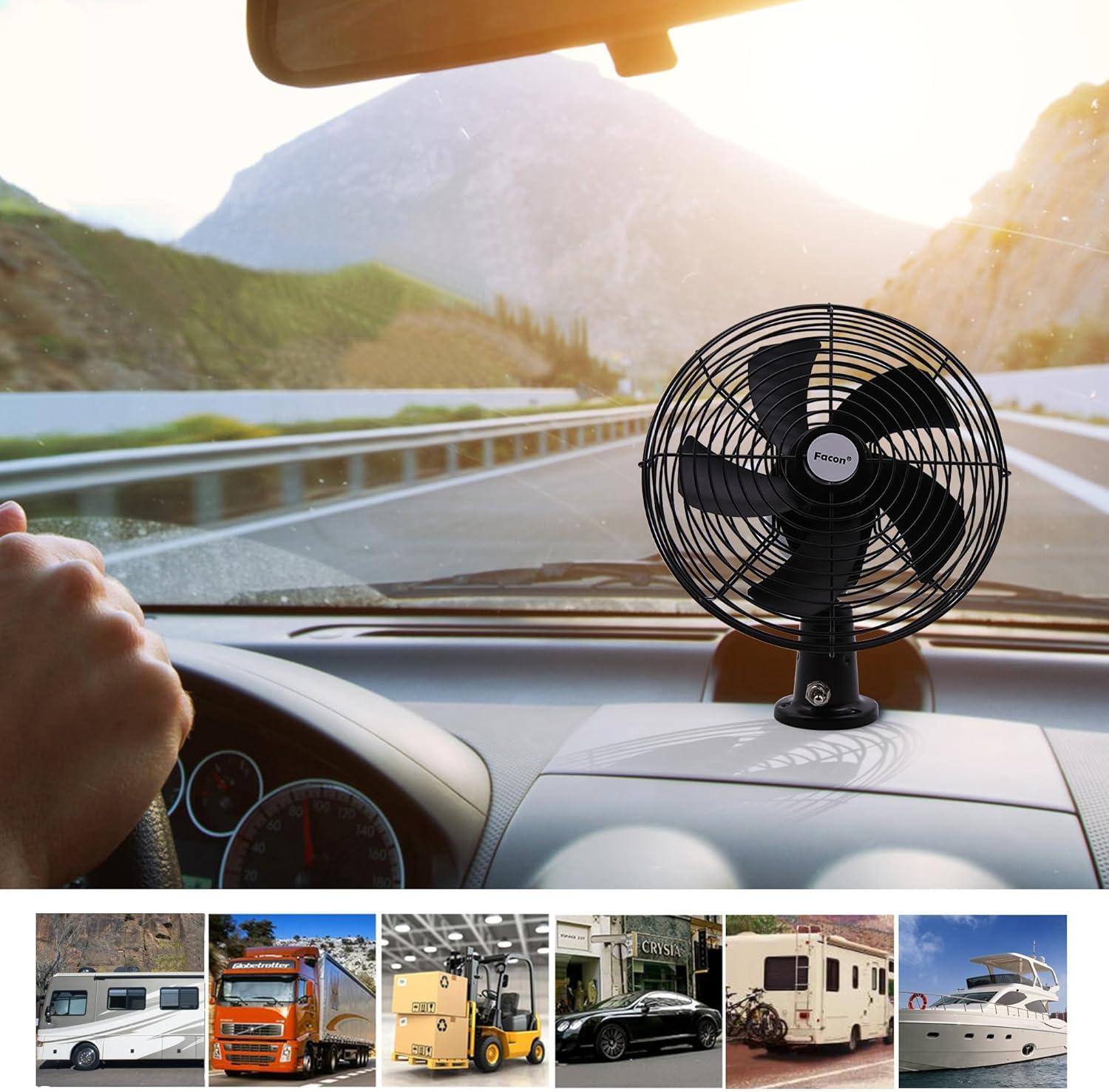 Facon 12V 8'' Car Cooling Automobile Vehicle Fan, Powerful Quiet with 2-Speed, Ventilation Electric Car Fans for RV Truck Bus Boat Van SUV Yacht