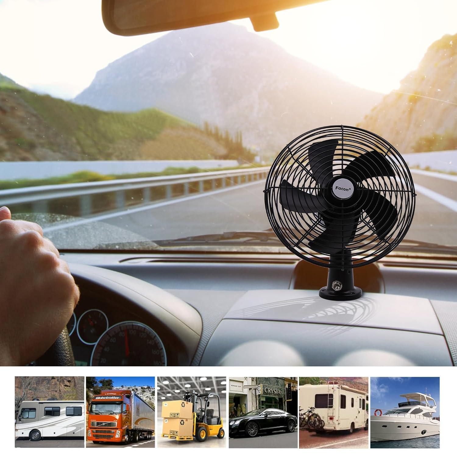 Facon 12V 8'' Car Cooling Automobile Vehicle Fan, Powerful Quiet with 2-Speed, Ventilation Electric Car Fans for RV Truck Bus Boat Van SUV Yacht