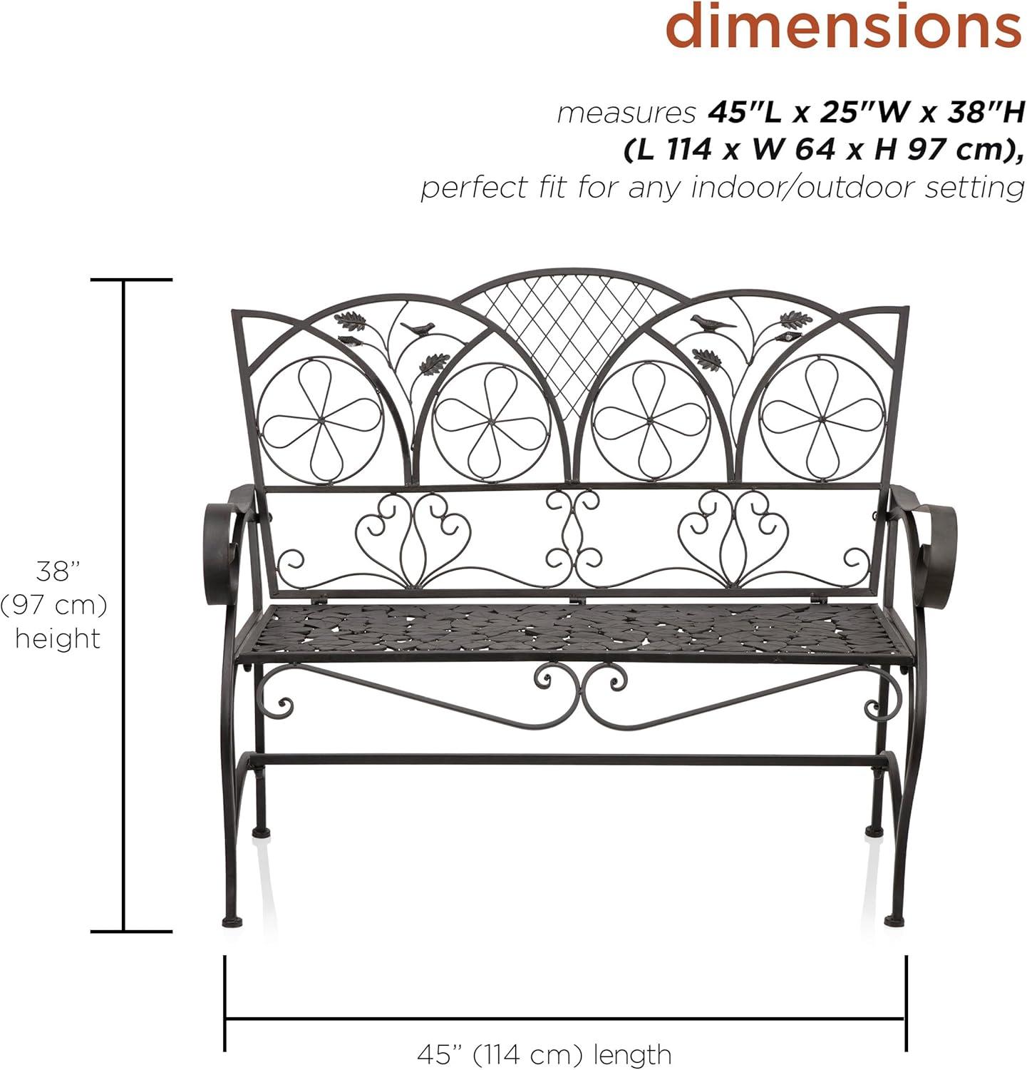 38&#34; x 45&#34; Iron Birds and Leaves Outdoor Garden Bench Brown - Alpine Corporation