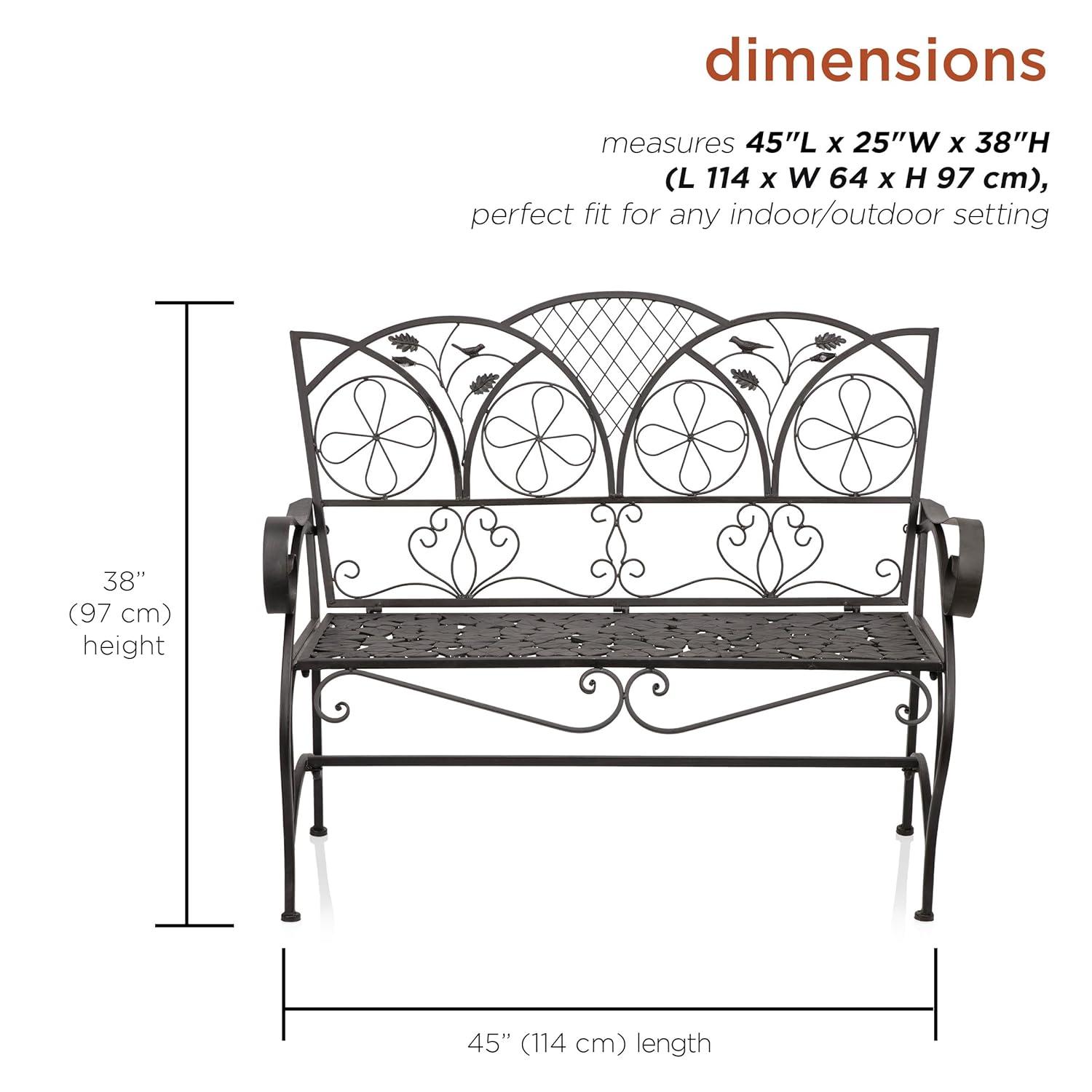 38" x 45" Iron Birds and Leaves Outdoor Garden Bench Brown - Alpine Corporation: Weatherproof, Decorative Yard Seating