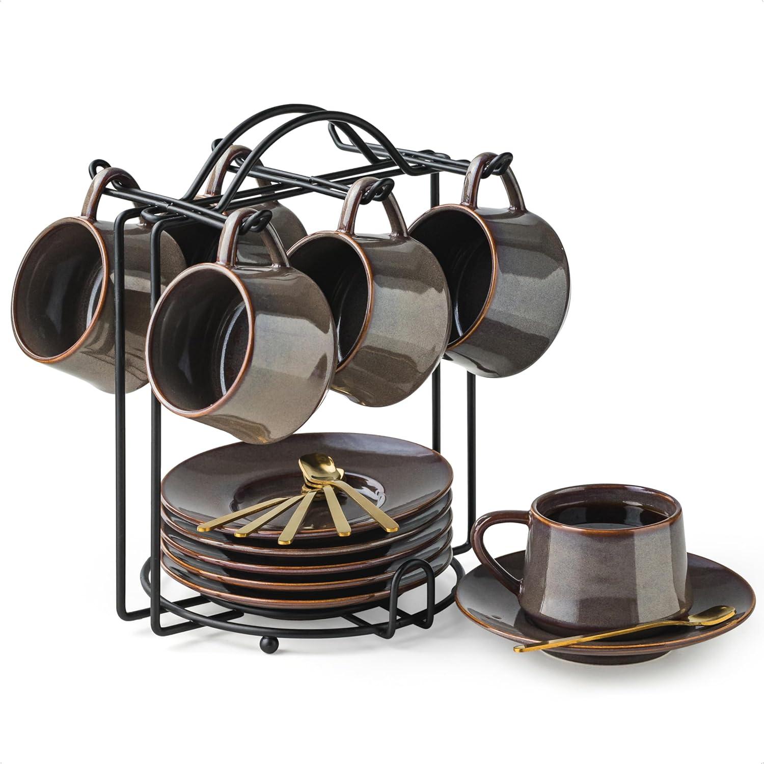 QXXSJ Coffee Cup Set Espresso Cups With Saucers Set With Cup Holder 4 Oz Espresso Cup Set Of 6 - Demitasse Cups Black (Set of 6)