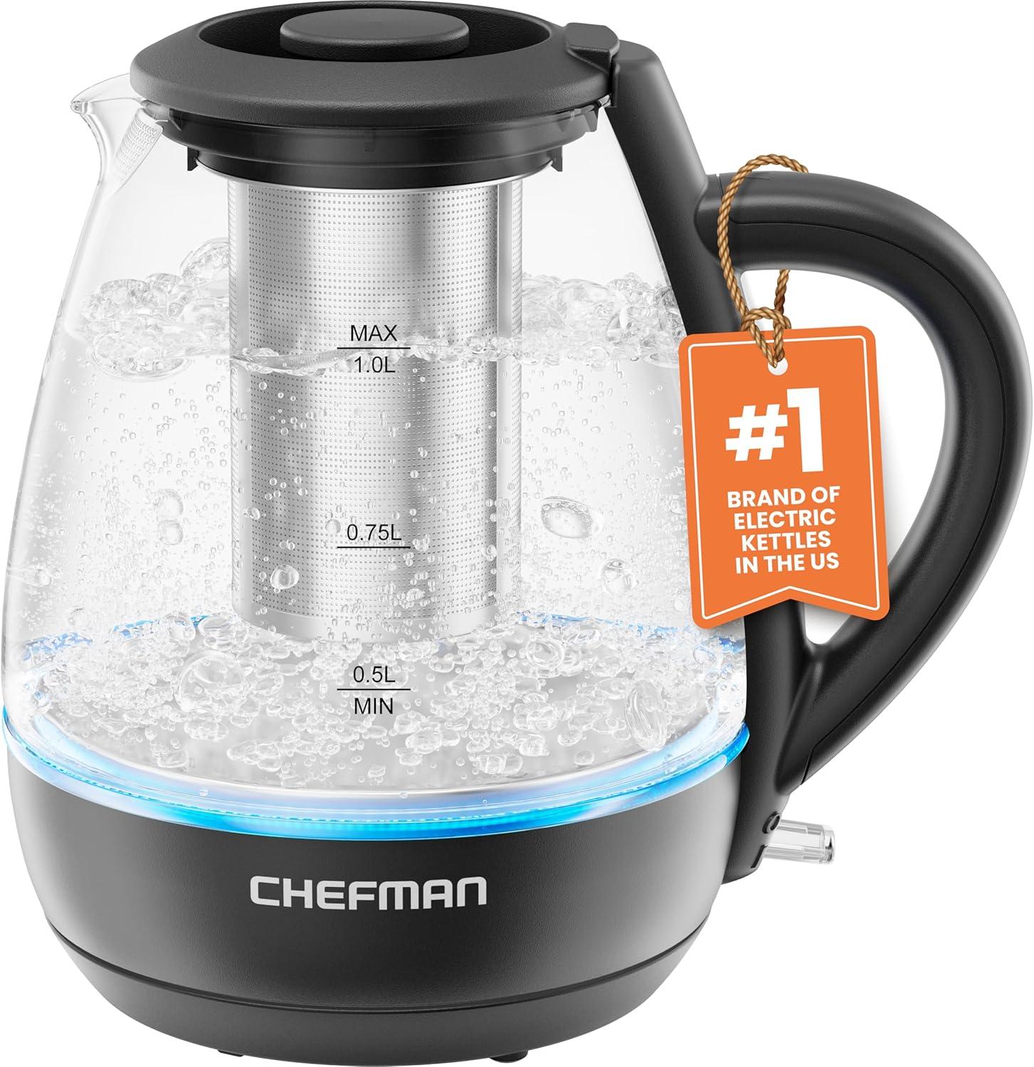 Chefman 1L Black Glass Electric Kettle with Tea Infuser