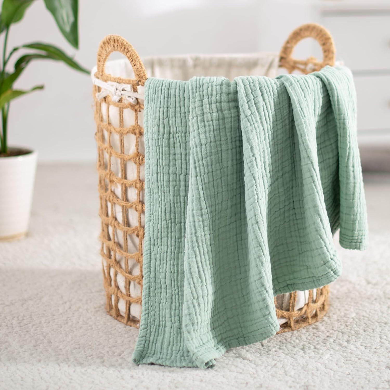 Sage Green Cotton Muslin Reversible Throw Blanket 70" x 80"