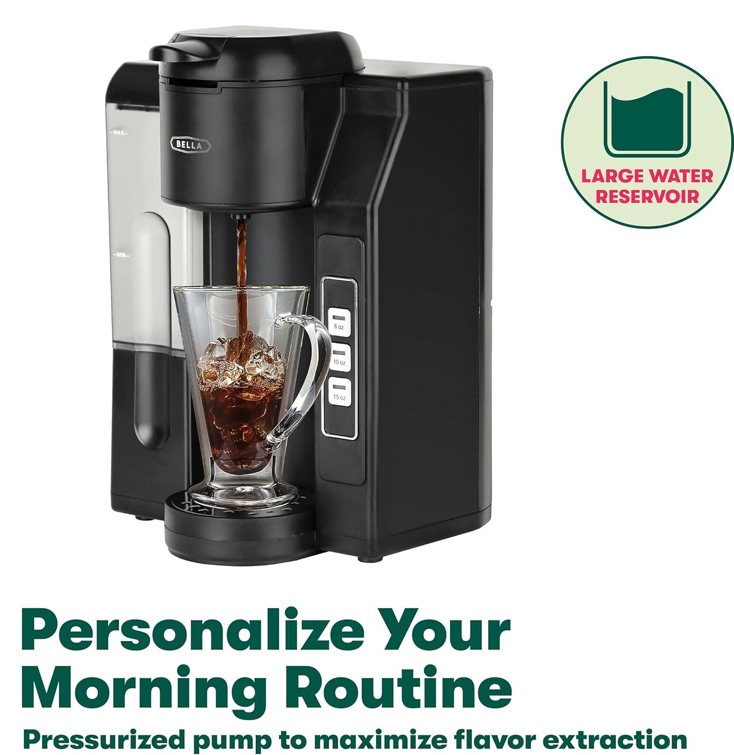BELLA Single Serve Coffee Maker, Dual Brew K-Cup Pod or Ground Coffee Brewer, Large Removable Water Tank, Black