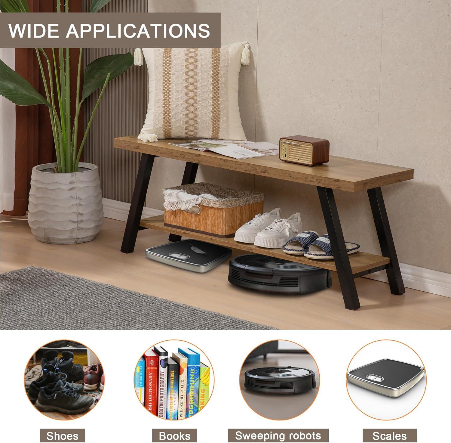 Entryway Bench, Farmhouse Indoor Entry Way Shoe Benches Seat, Industrial Metal Shoe Storage Bench Organizer for Living Room, Bedroom, Hallway (Rustic Oak)