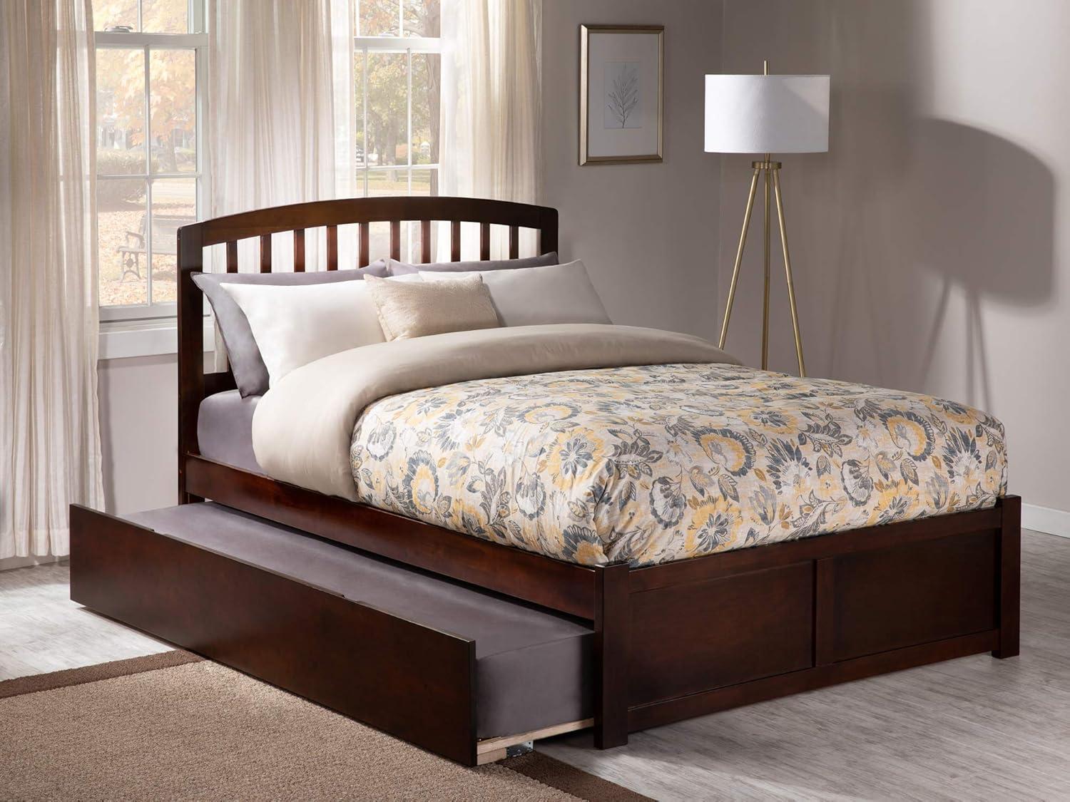 Walnut Full Size Platform Bed with Trundle and Slat Headboard