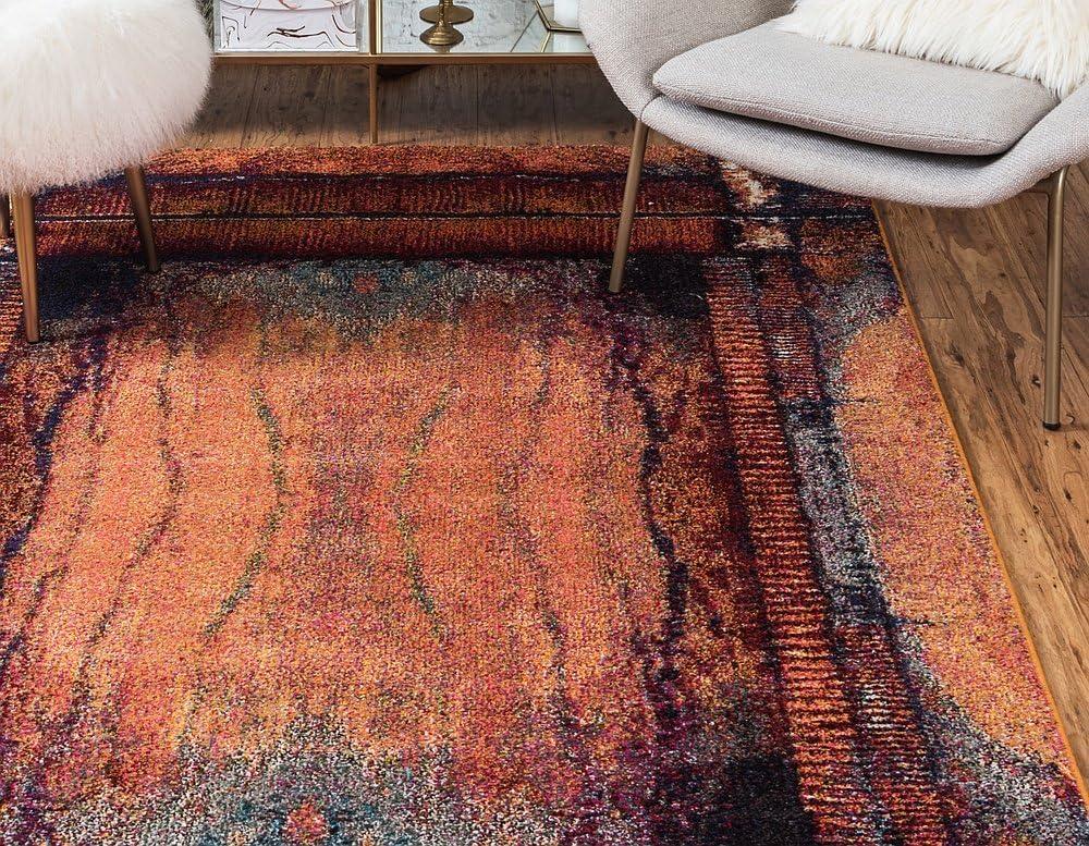 Rectangular Blue Abstract Stain-Resistant Synthetic Rug