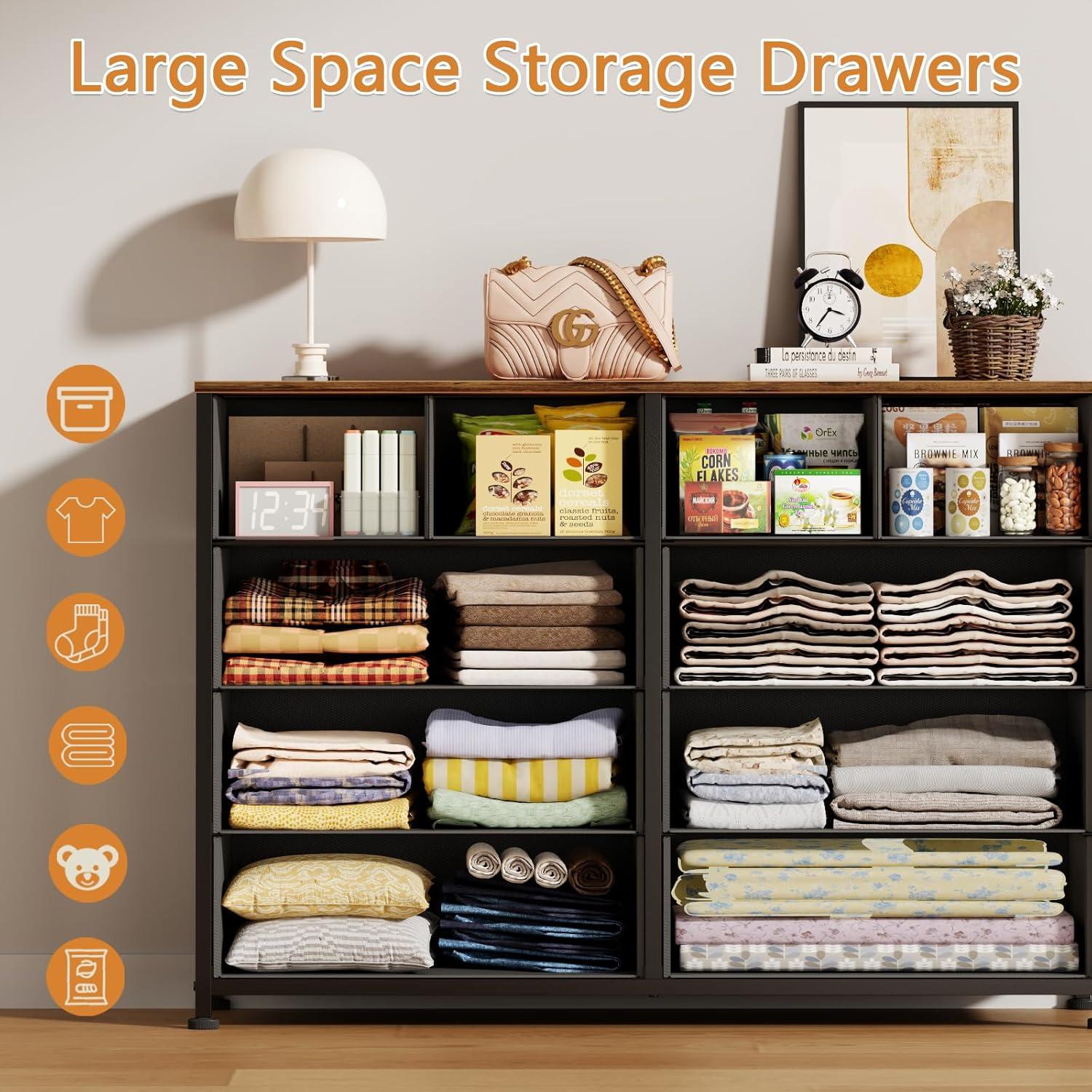 Furnulem Bedroom Dresser for 55”Long TV Stand,10 Storage Organizer Dressers & Chests of Drawers, Sturdy Metal Frame & Wood Top Tall Storage Cabinet for Bedroom Closet Living Room Entryway Rustic Brown